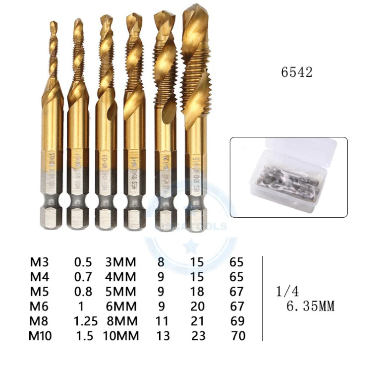 Juego 6 Pzas Brocas - Machos 2 En 1 Para Perforar Y Roscar M3 M4 M5 M6 M8 M10 Revestidas En Titanio - Image 3