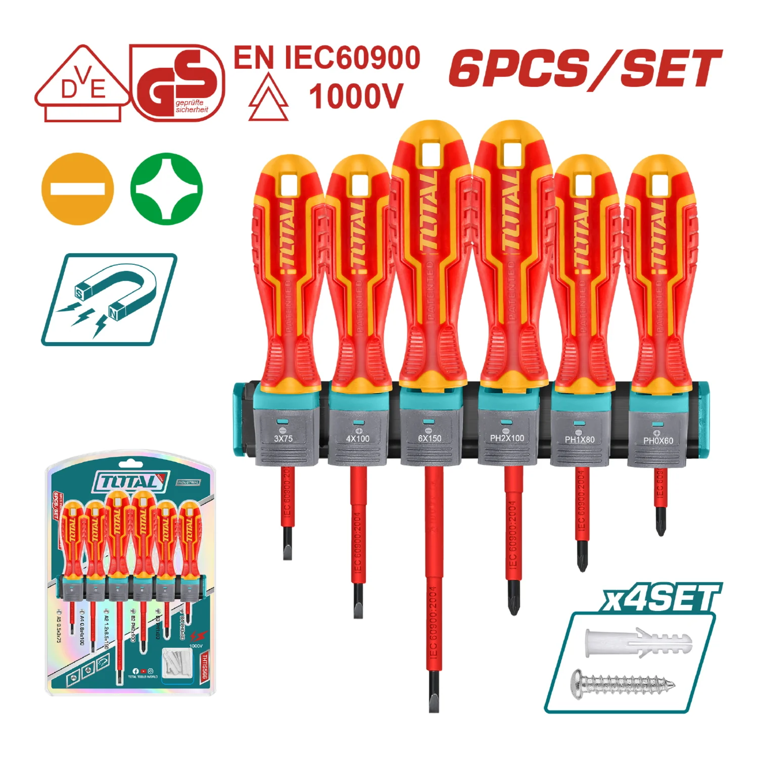 Juego 6Pza Destor.Insul.Cr-V.1000Volts.Cert VDE SL3.0×75,SL4.0×100,SL6.5×150,PH0×60,PH1×80,PH2×100 - Image 2