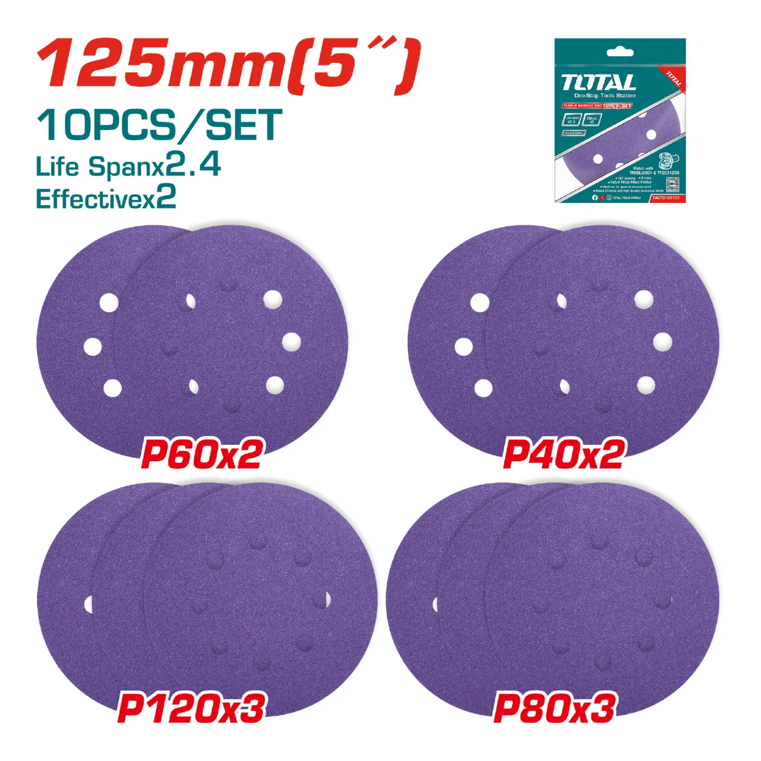 Juego De 10 Discos De Lija Para Lijadora De 5" 125Mm. P40x2 P60x2 P80x3 P120x3. - Image 2