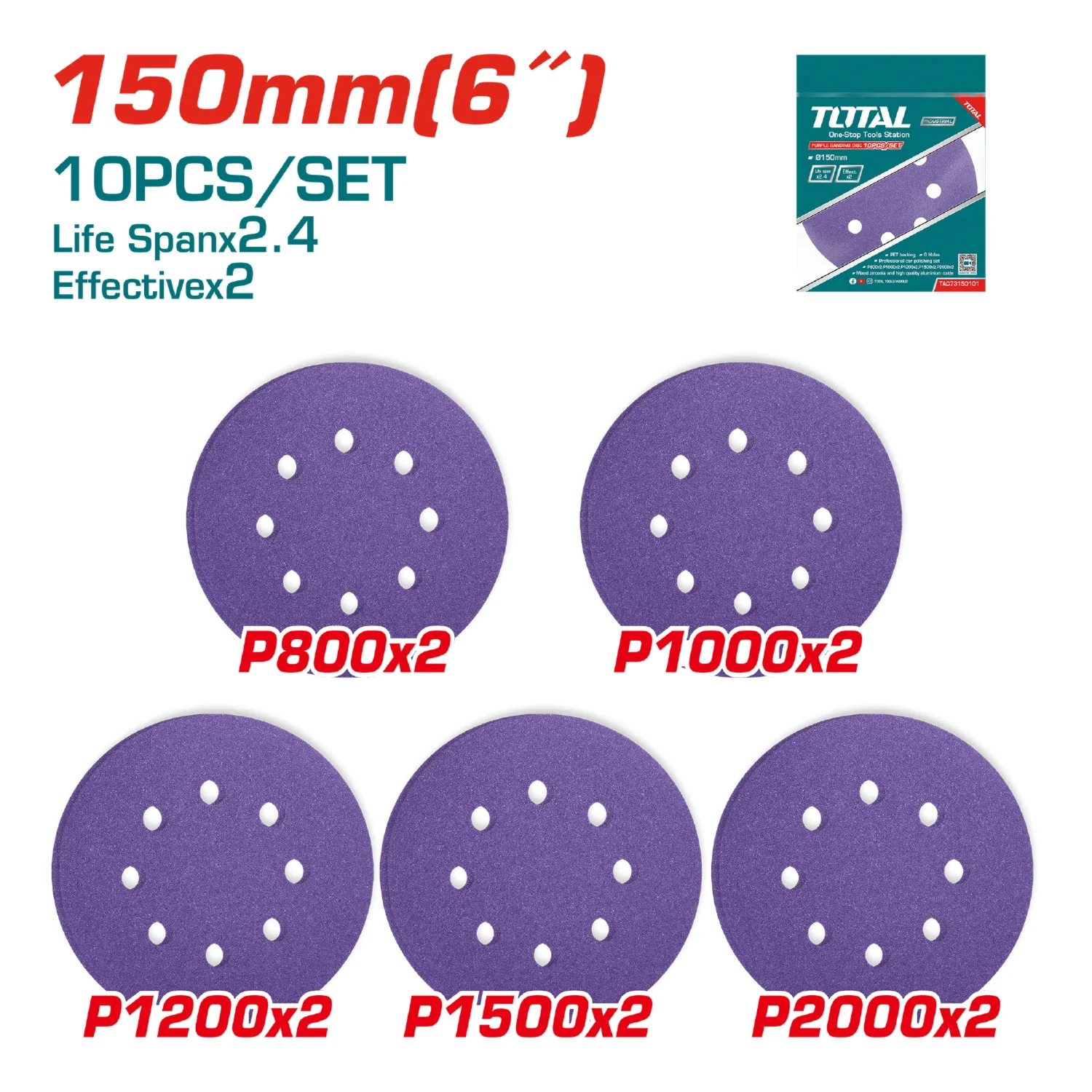 Juego De 10 Discos De Lija Para Lijadora De 6" 150Mm. P800x2 P1000x2 P1200x2 P1500x2 P2000x2. - Image 2