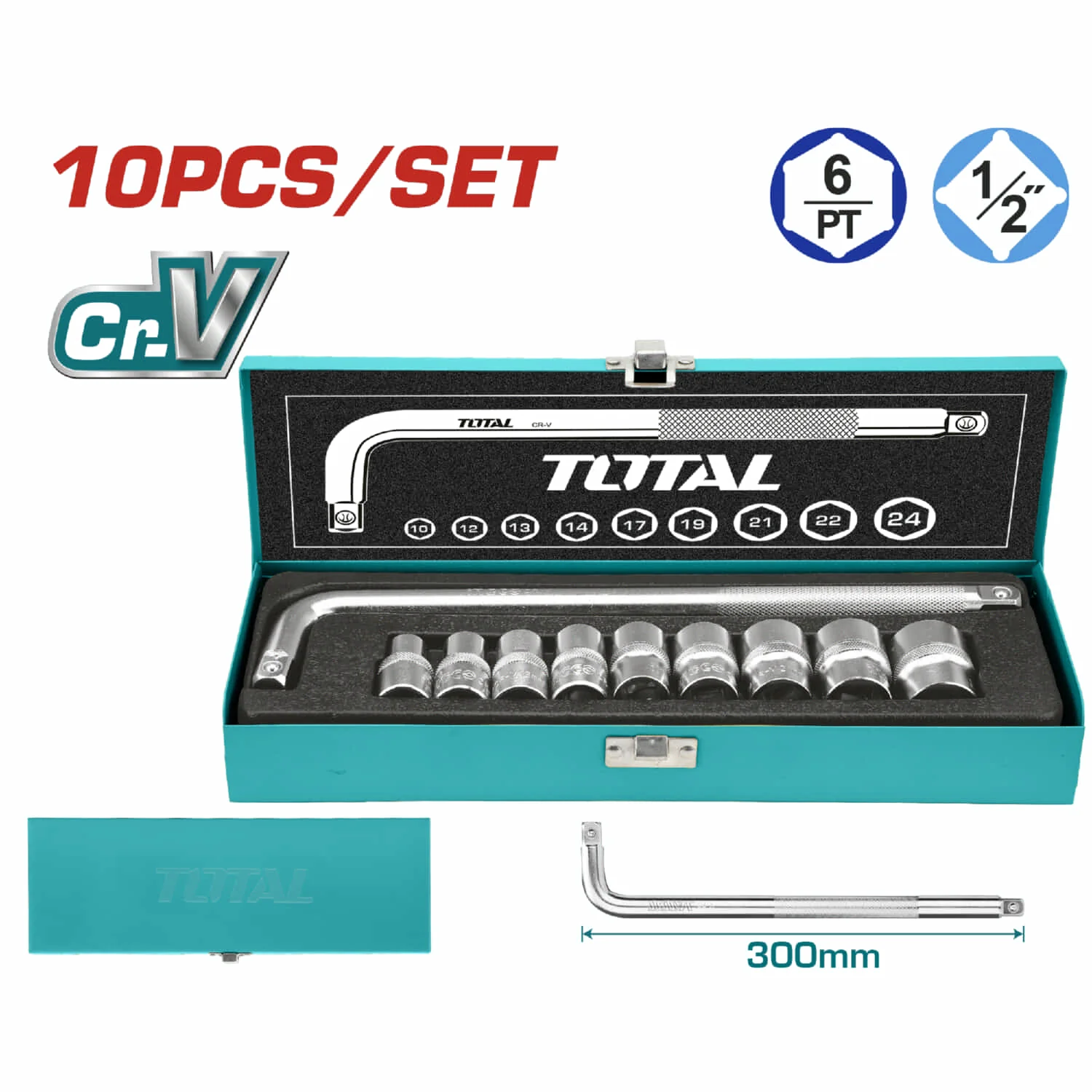 Juego De Dados Socket De 1/2" De 10 Piezas.Cr-V. (50 BV 0). Cromado De Tratamiento Termico.