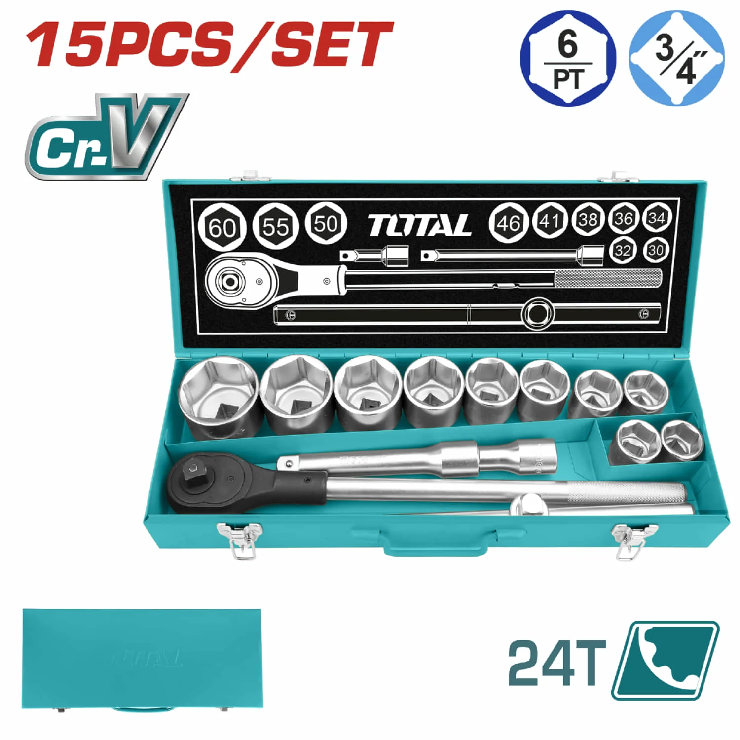 Juego De Dados Socket De 3/4" DR. De 15 Piezas. Cr-V (50 BV 0). Cromado De Tratamiento Térmico.