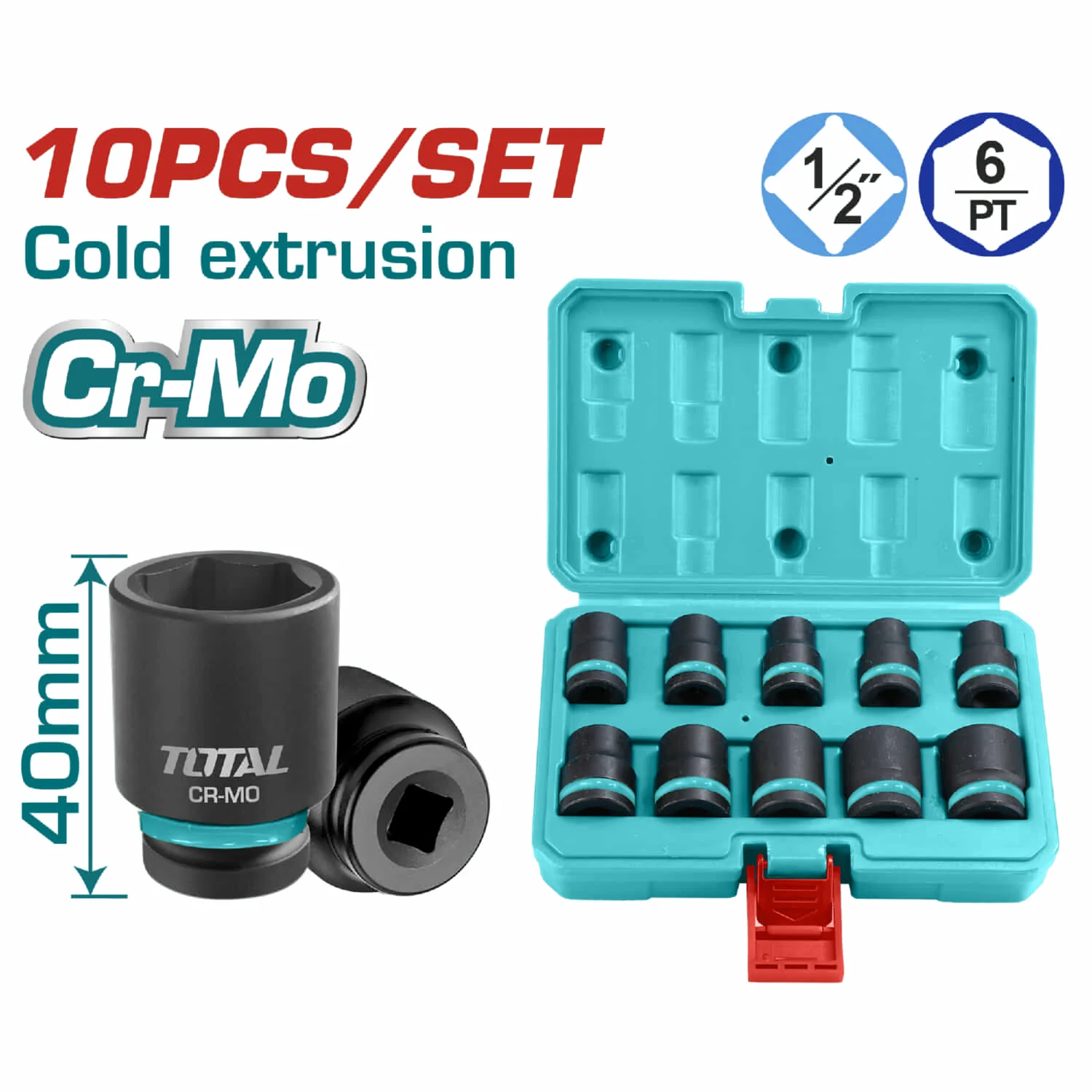 Juego De Dados Socket De Impacto De 1/2" DR. De 10 Piezas. Largo: 38 Mm. Crmo. Tratamiento Termico.
