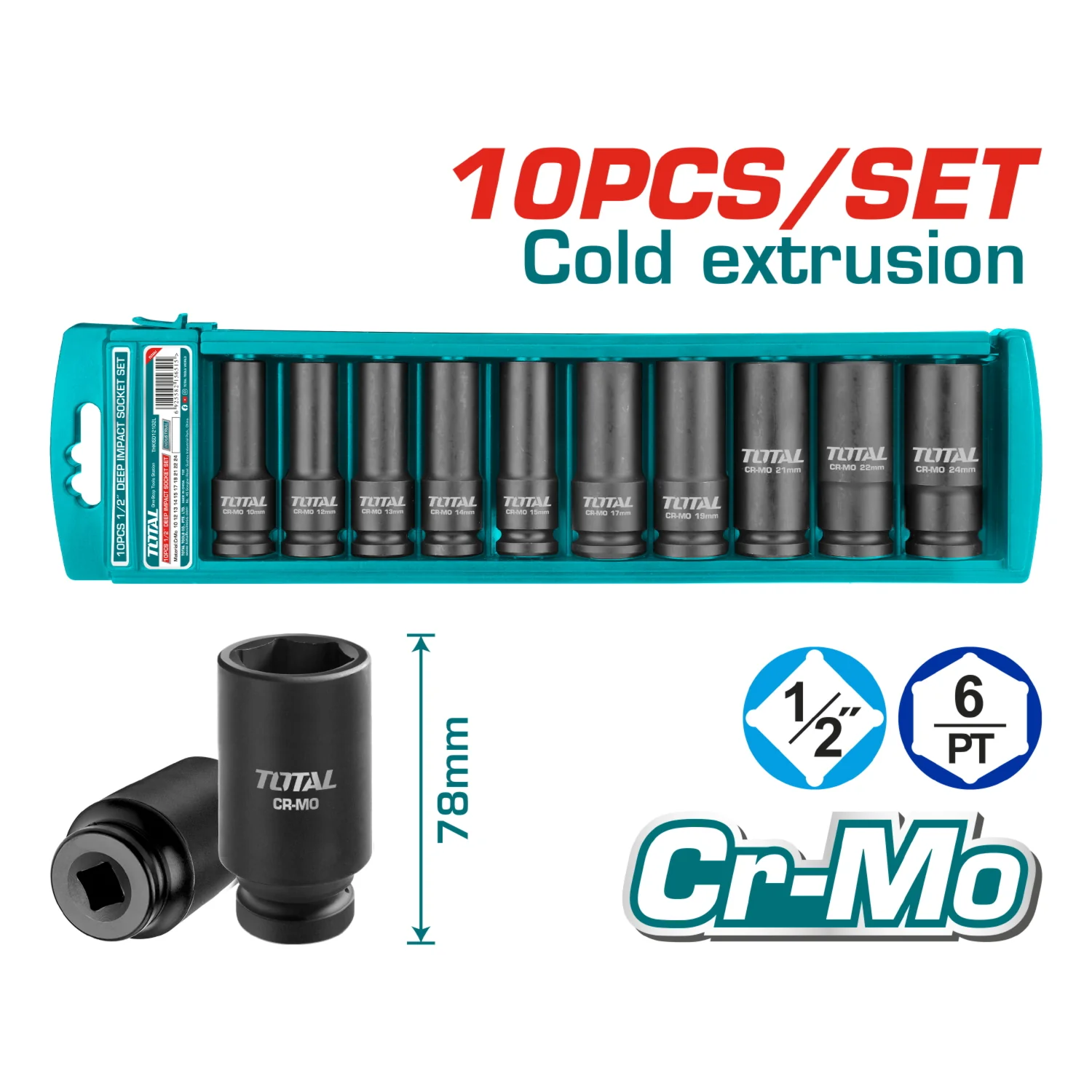 Juego De Dados Socket Largos De Impacto De 1/2" DR. De 10 Piezas. Largo: 78 Mm.  Crmo. - Image 2