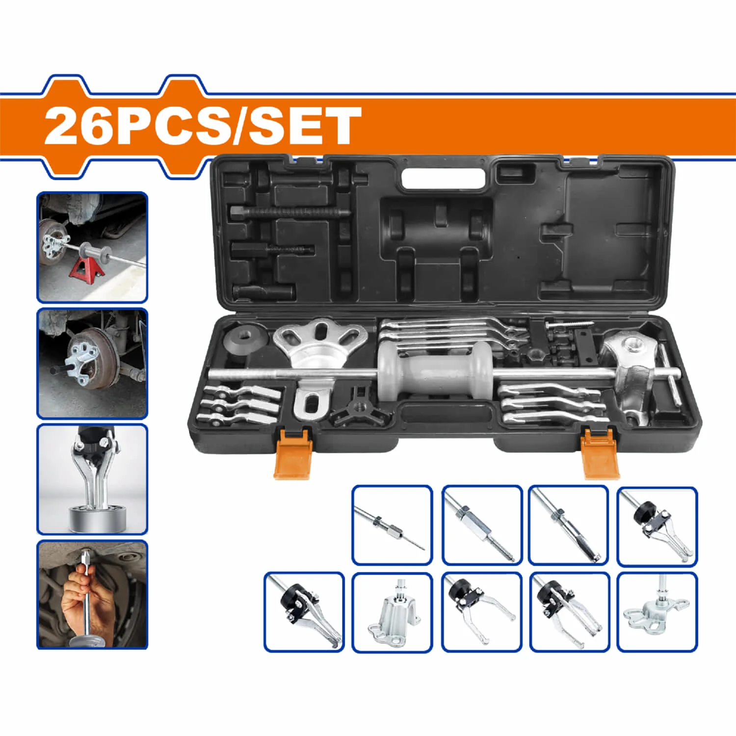 Extractores Con Martillo Deslizante Para Ejes Rodamientos Bujes Engranajes Y Poleas. Set 26 Pzas.