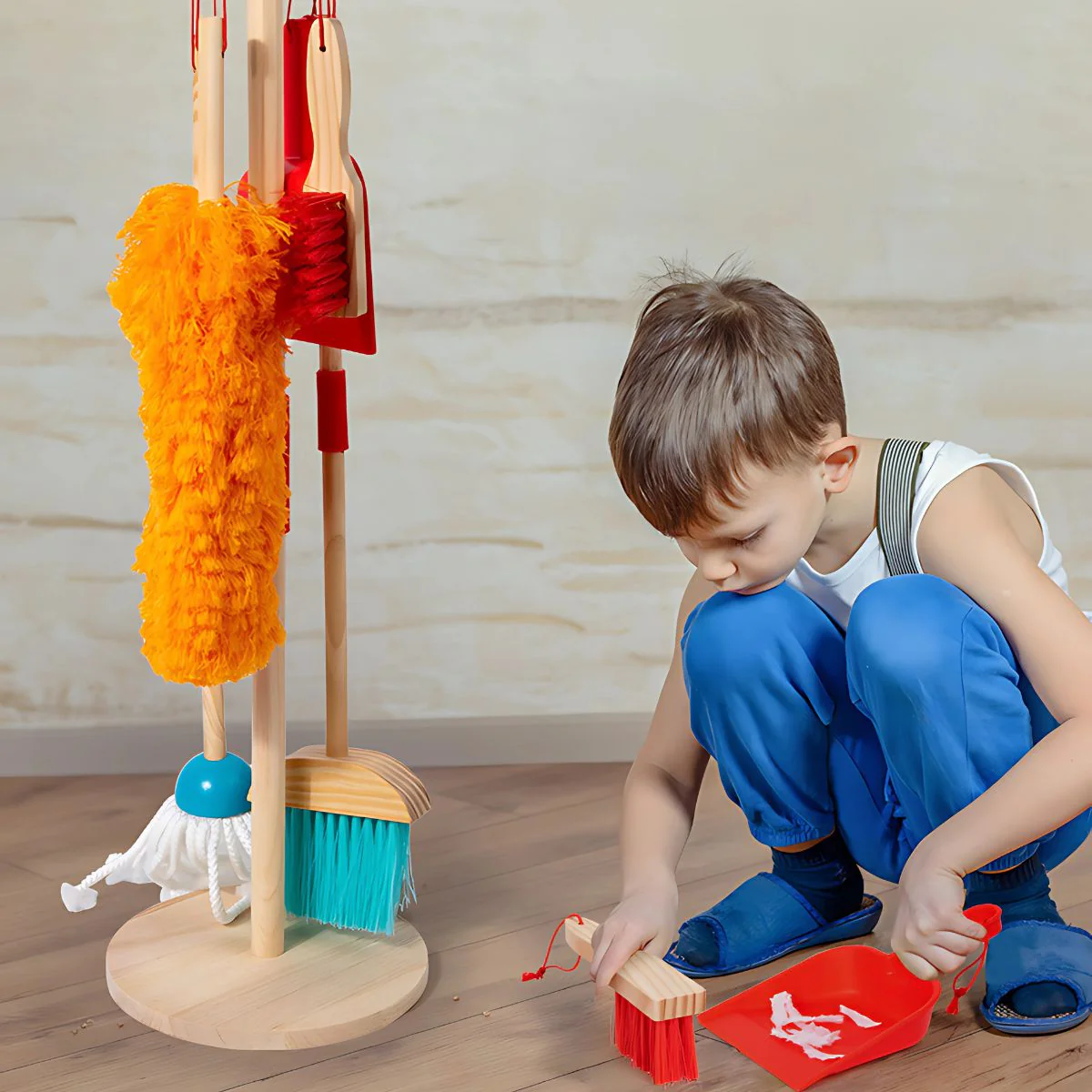 Juego De Limpieza Para Niños De Madera Con Escoba, Trapeador Y Cepillos. Set Educativo De Aseo Para Niños 62.5X20cm. - Image 5