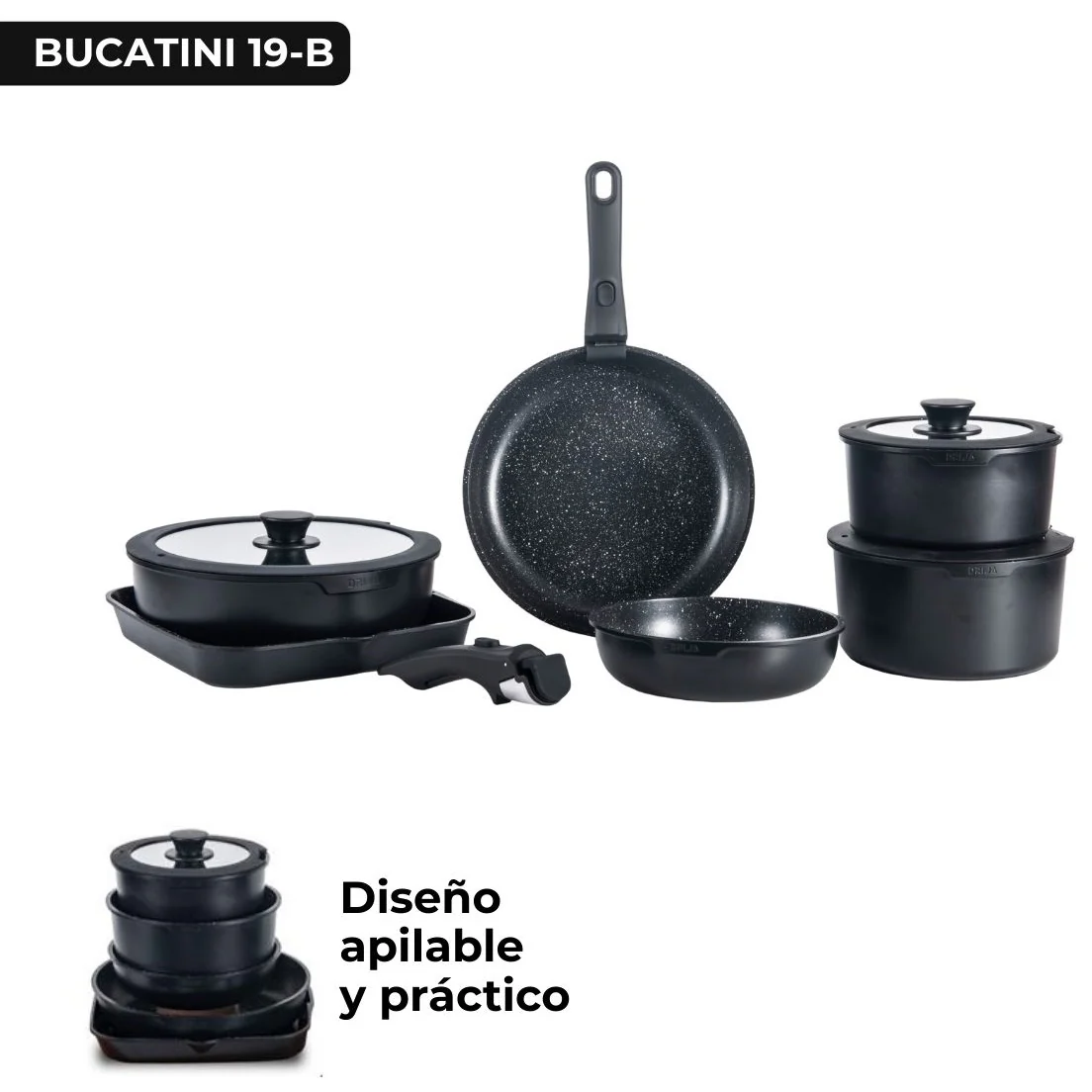 Juego De Ollas Y Sartenes Antiadherentes Con Asas Desmontables. Set De 19 Piezas, Color Negro. Modelo Bucatini Drija - Image 2