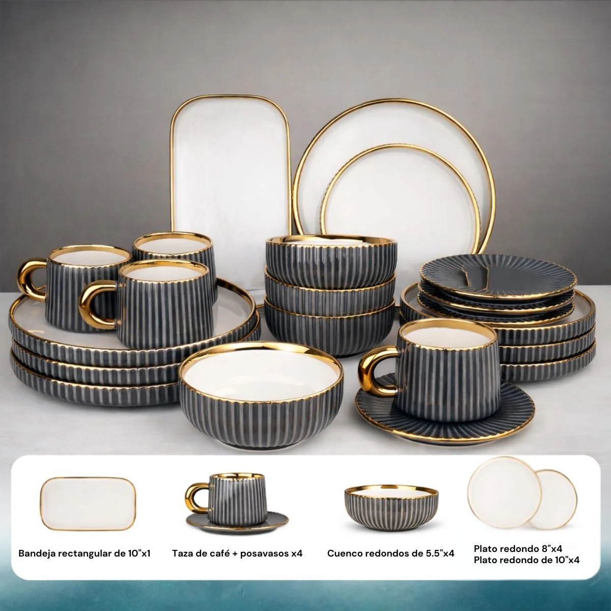 Juego De Vajilla De Porcelana 21 Piezas Gris Con Borde Dorado Estilo Europeo, Esmalte Liso, Apta Para Café, Té Y Restaurante - Image 2