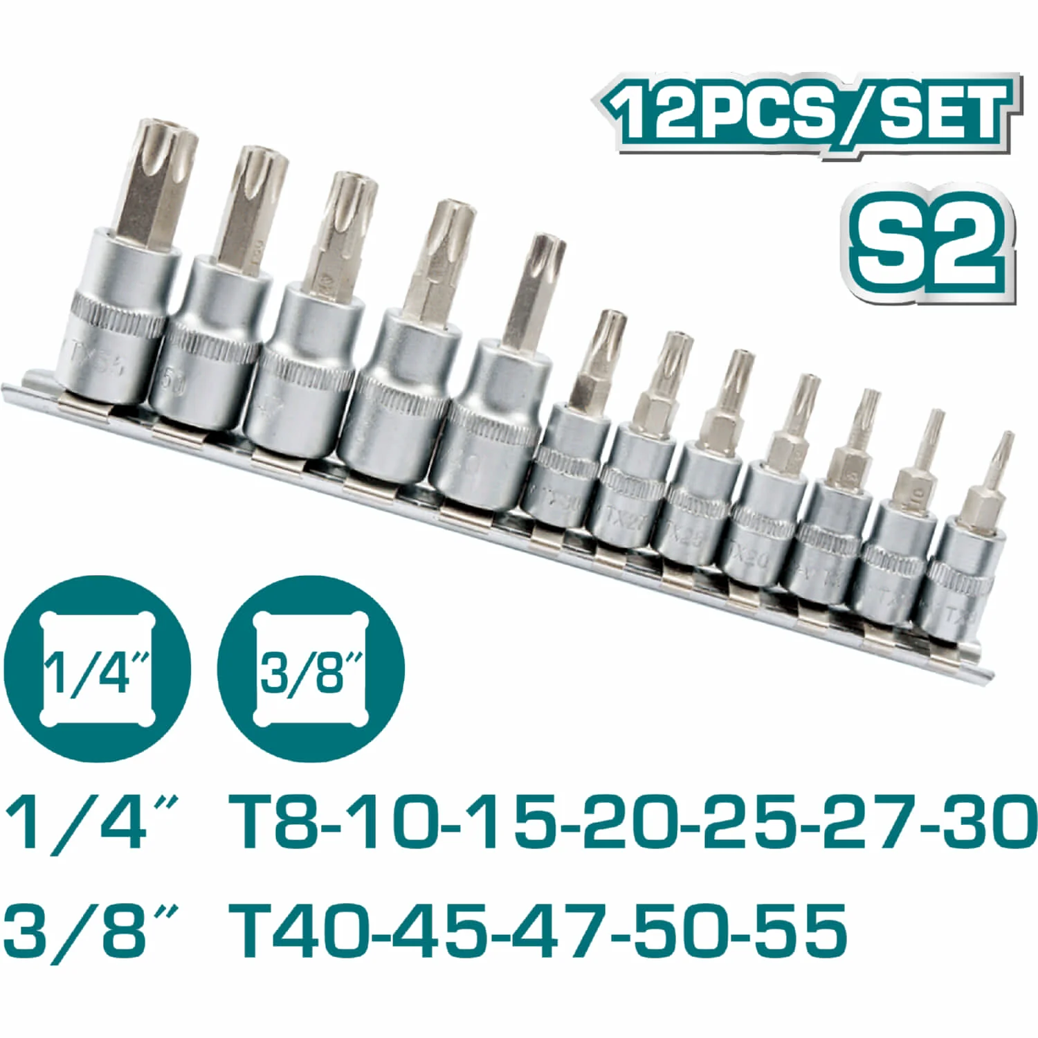 Juegos De Dados De Punta De Torx (12 Piezas) (T8-T30 1/4") (T40-T55 3/8") S2. Cromado