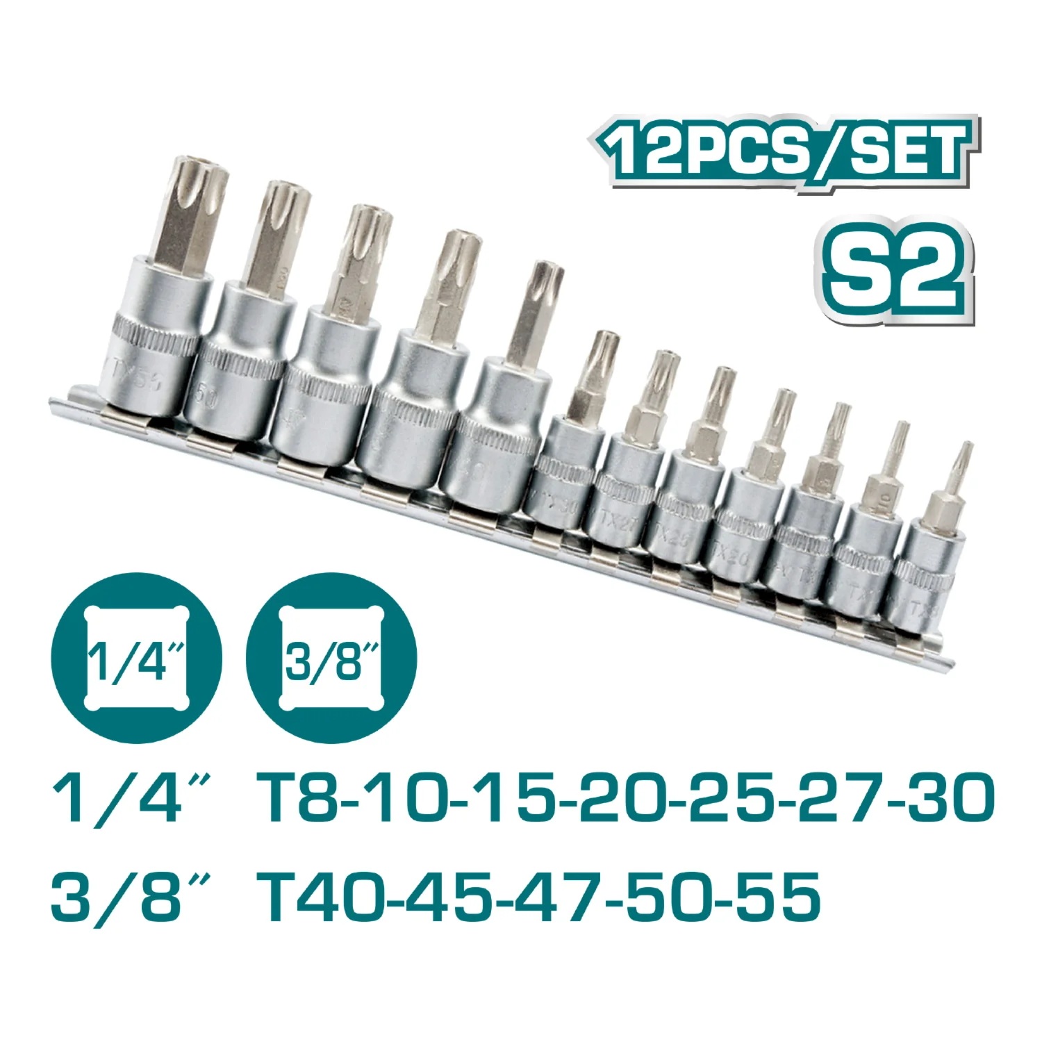 Juegos De Dados De Punta De Torx (12 Piezas) (T8-T30 1/4") (T40-T55 3/8") S2. Cromado - Image 2