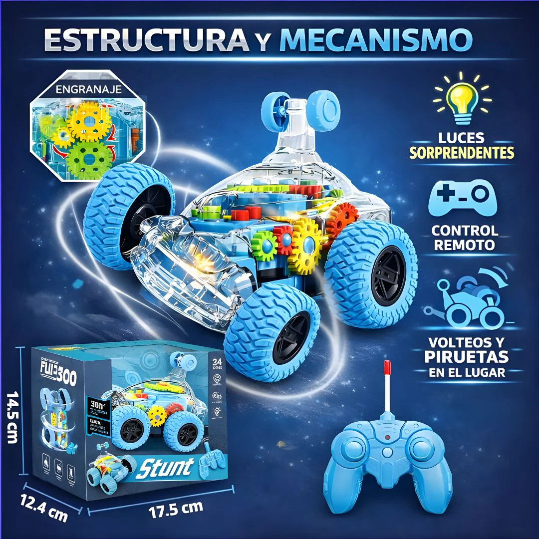 Juguete Acrobático 360° A Control Remoto. Carrito Infantil Giratorio Con Luces LED (17.5X12.4X14.5Cm). Color Celeste. - Image 2