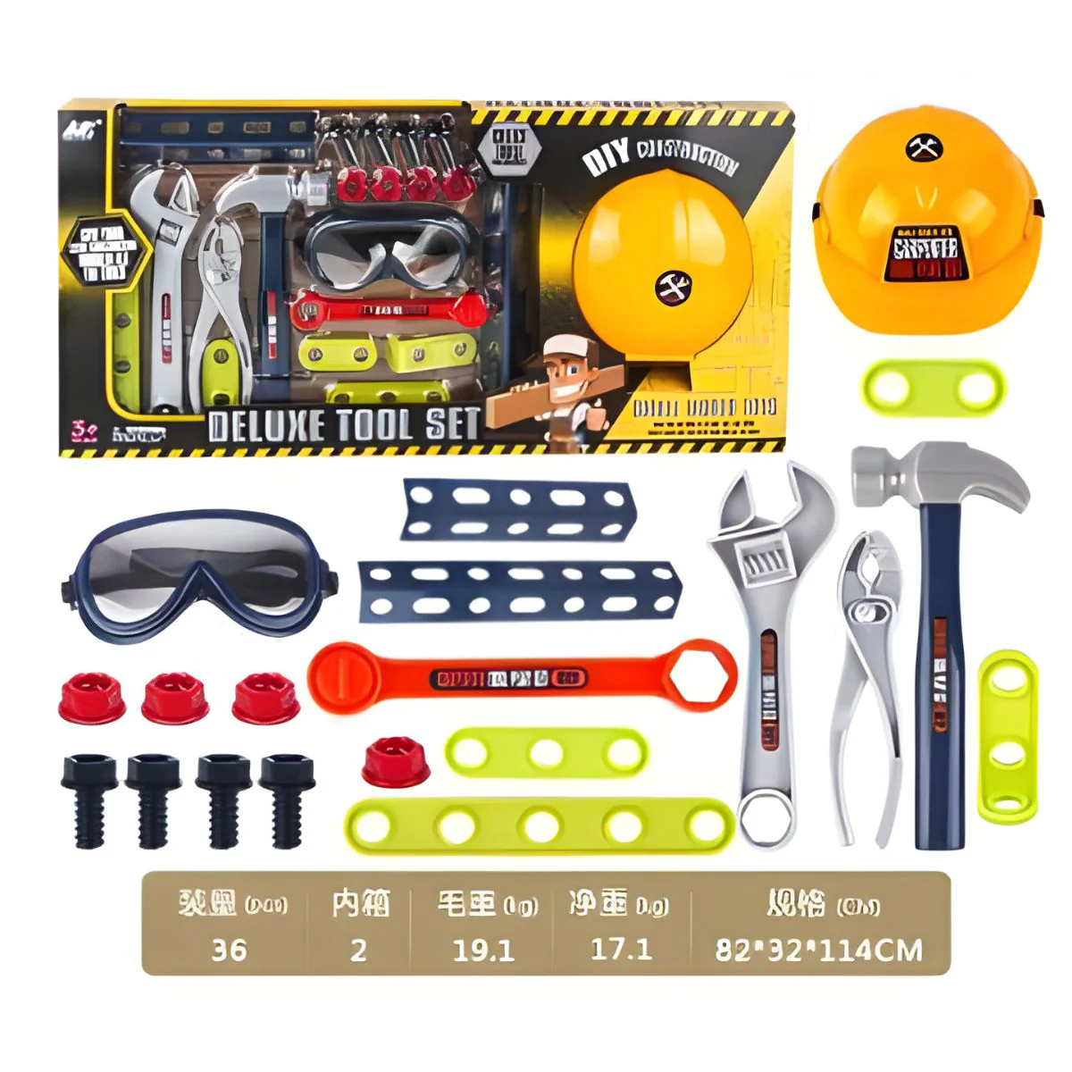 Juguete De Herramientas Infantil Con Casco Y Lentes De Seguridad. Set Constructor Con Accesorios Para Niños.
