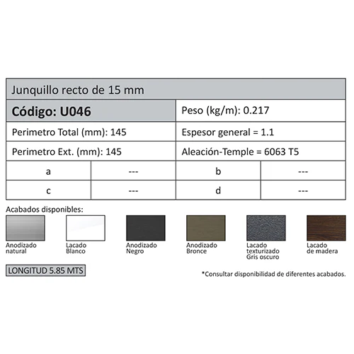 Junquillo Recto 15 Mm. Espesor 1.1 Mm. Largo 5.85 Mts. Acabado Anodizado Negro 15 Micron. (D3-P1-A1- - Image 2