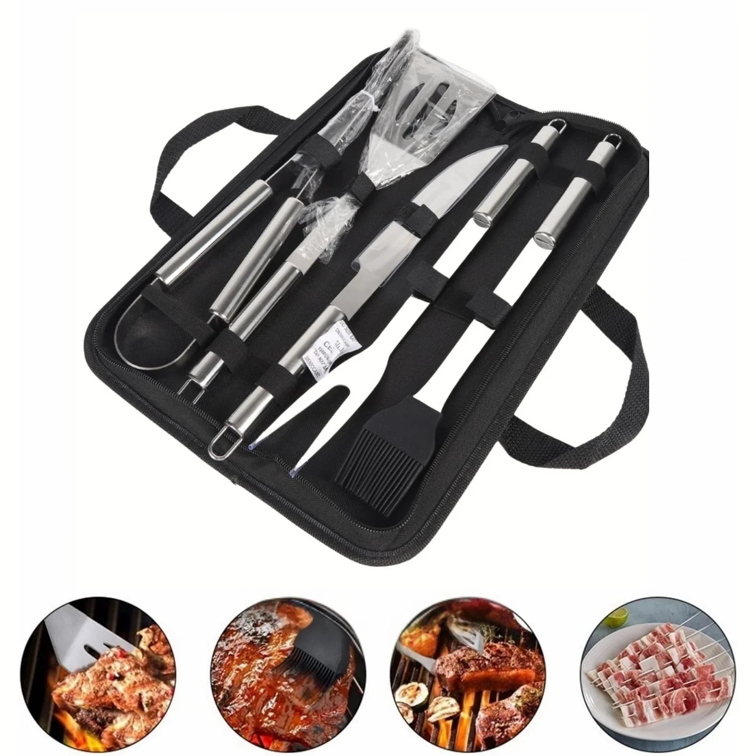 Kit De Accesorios Para BBQ Parrillada. Cubiertos Multifunción De Acero Inoxidable Para BBQ Con Estuche Portátil De Tela. Set De 5 Piezas.