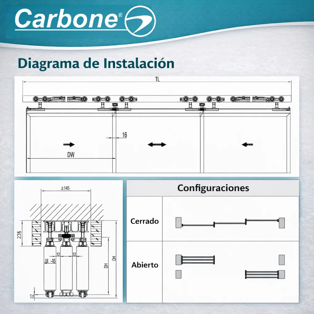 Kit De Hardware Para Puerta Telescópica Corredera De 2 A 4 Hojas | Sistema De Arrastre Sincronizado Hasta 60 Kg Por Hoja NO INCLUYE PERFILES - Image 3