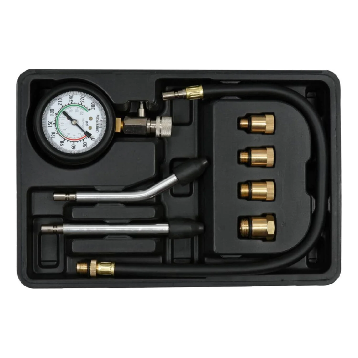 Kit De Prueba De Compresión. Incluye Adaptadores De Latón Para Tamaños De Rosca: M18*1.5, M14*1.5, M12*1.25, M10*1.0; Incluye Adaptadores Universales. Set De 8 Piezas.