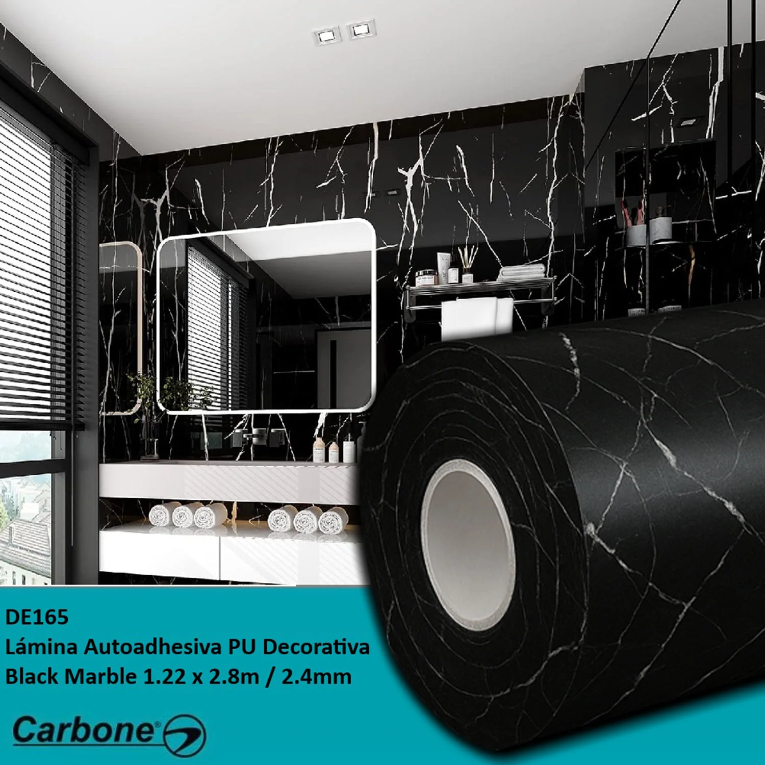 Rollo Lámina Decorativa Autoadhesiva PU. Panel 1.20×2.80M×2.4Mm Acabado Liso Brillante, Color Black Marble