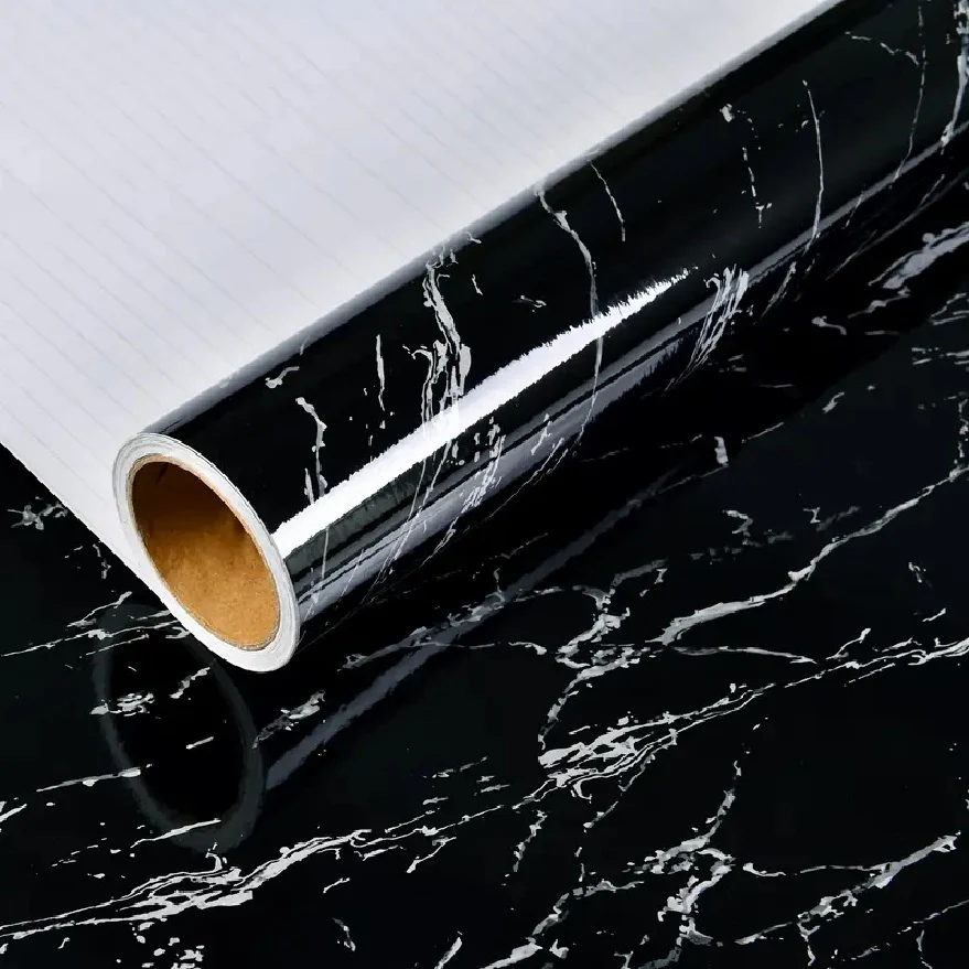 Rollo Lámina Decorativa Autoadhesiva PU. Panel 1.20×2.80M×2.4Mm Acabado Liso Brillante, Color Black Marble - Image 2