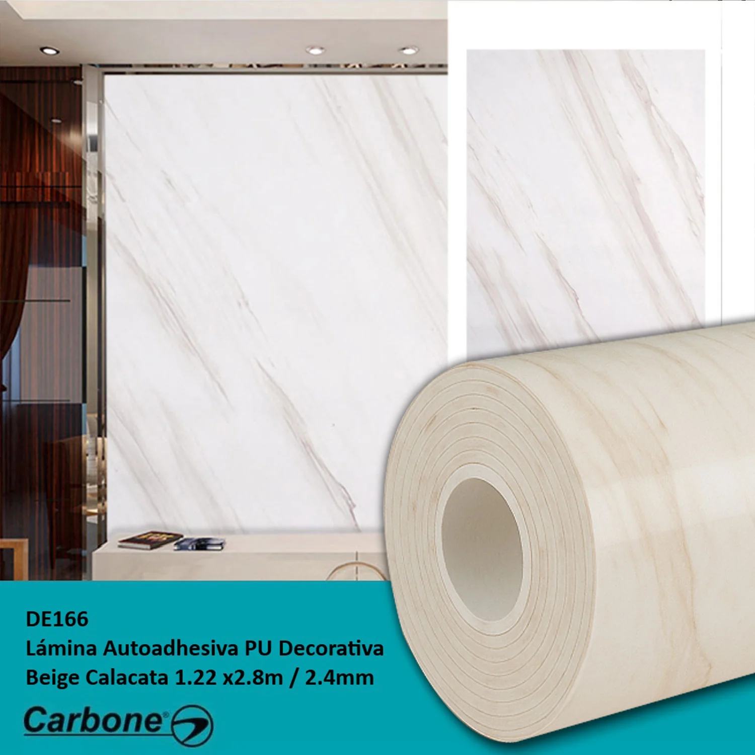 Rollo Lámina Decorativa Autoadhesiva PU. Panel 1.20×2.80M×2.4Mm Acabado Liso Brillante, Color Calacata Beige