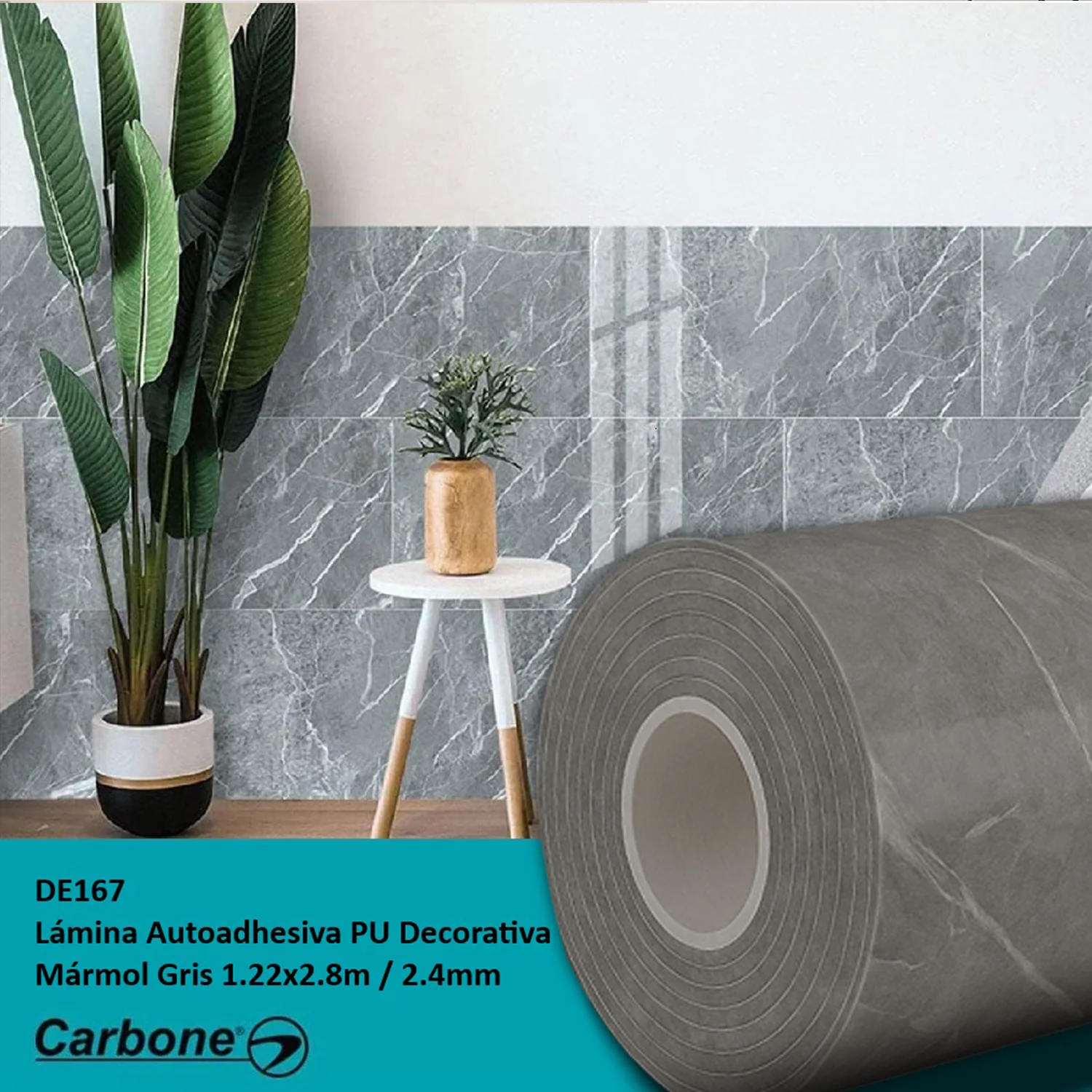 Rollo Lámina Decorativa Autoadhesiva PU. Panel 1.20×2.80M×2.4Mm Acabado Liso Brillante, Color Marmol Gris