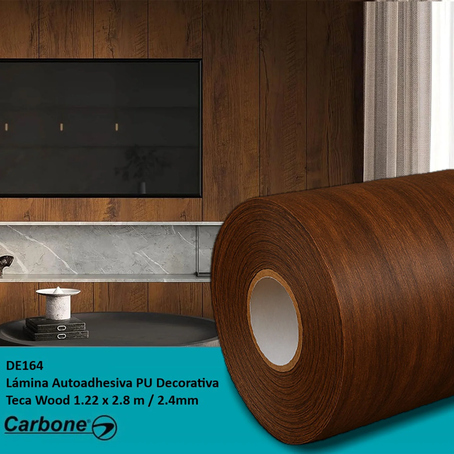 Rollo Lámina Decorativa Autoadhesiva PU. Panel 1.20×2.80M×2.4Mm Acabado Madera Teca Mate Texturizado