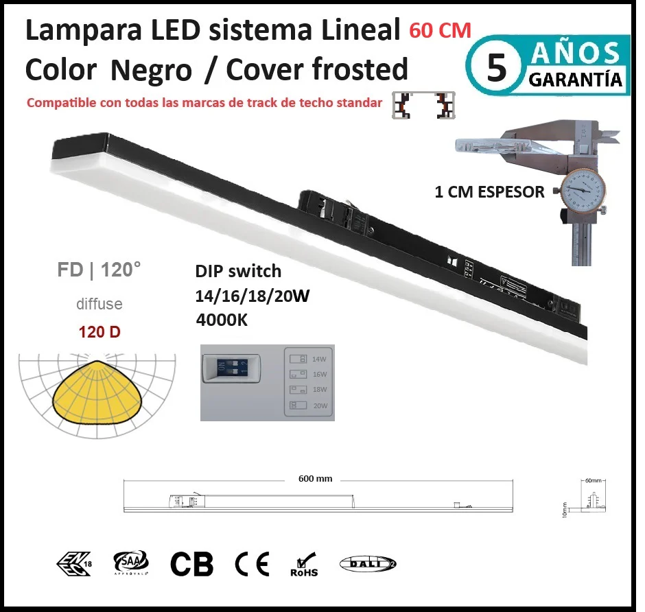 Lampara Lineal Comercial 60 Cm Negra Frosted 4000K 3200Lm 20W DIP Ajustable 14/16/18/20W CRI90 3 Cables AC100-227V