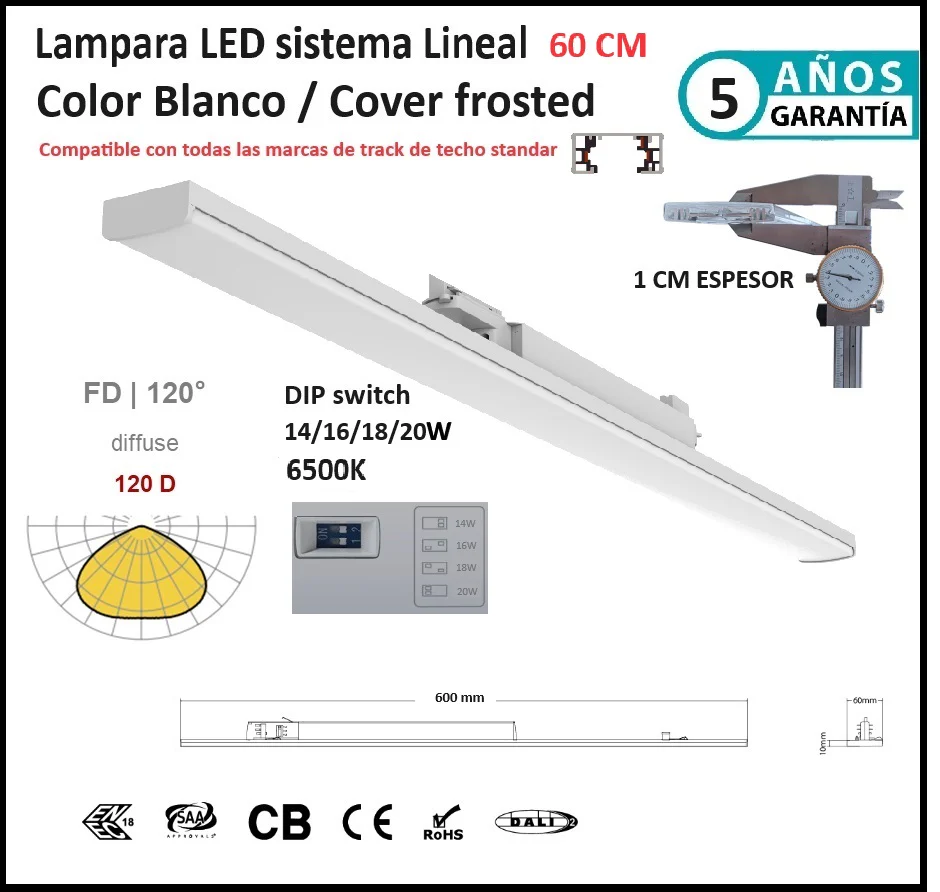 Lampara Lineal Comercial 60 Cm Blanca 6500K Frosted 3200Lm 20W DIP Ajustable 14/16/18/20W CRI90 3 Cables AC100-227V
