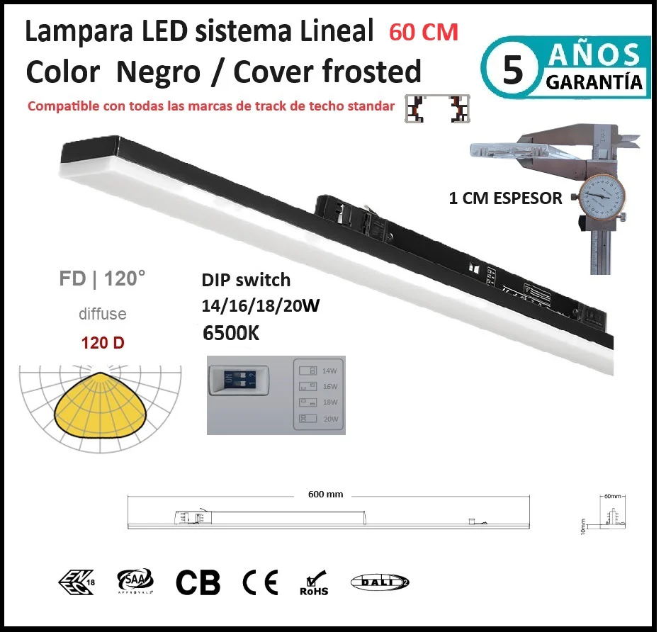 Lampara Lineal Comercial 6500K 60 Cm Negra Frosted 3200Lm 20W DIP Ajustable 14/16/18/20W CRI90 3 Cables AC100-227V