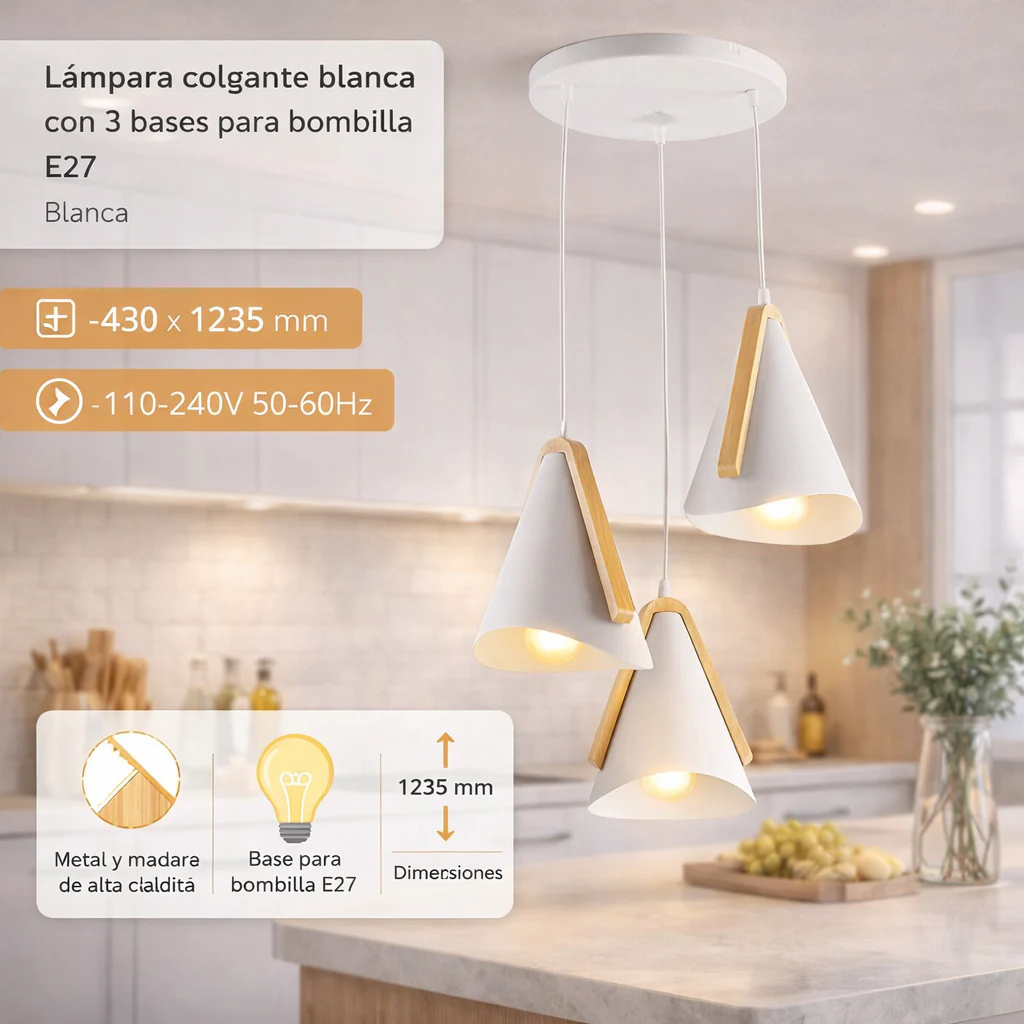 Lámpara Colgante Blanca De Metal Y Madera 3XE27 430X1235mm. Diseño Moderno Y Versátil