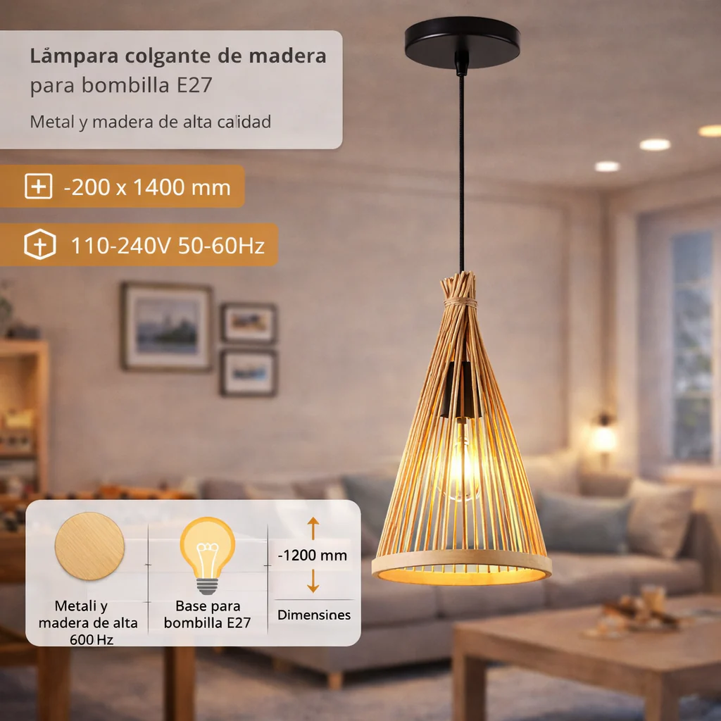 Lámpara Colgante De Madera 1XE27 Iluminación Moderna 200X1400mm