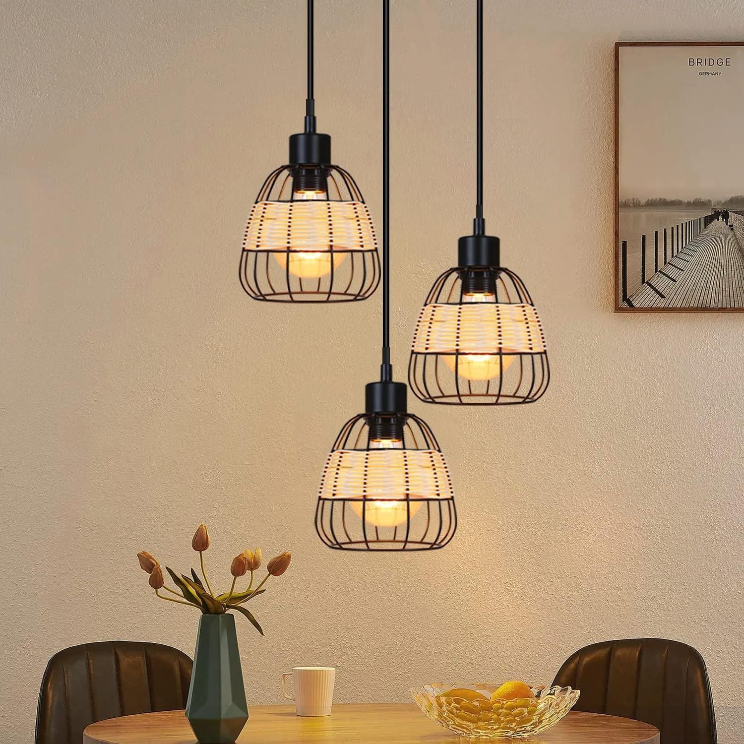 Lámpara Colgante Negra Con Jaula De Rattan 1XE27 Diseño Moderno Para Comedor, Cocina Y Sala 160X160x1200mm Iluminación Estilizada Y Funcional Para El Hogar. Lámpara Colgante Industrial Vintage.