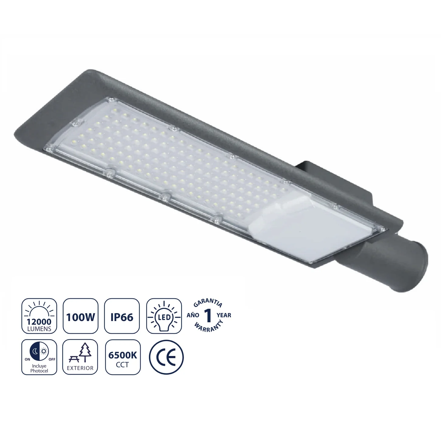 Lámpara De Calle LED 100W 12000 Lm, 6500K Frío Alta Eficiencia IP65 Aluminio. Luminaria