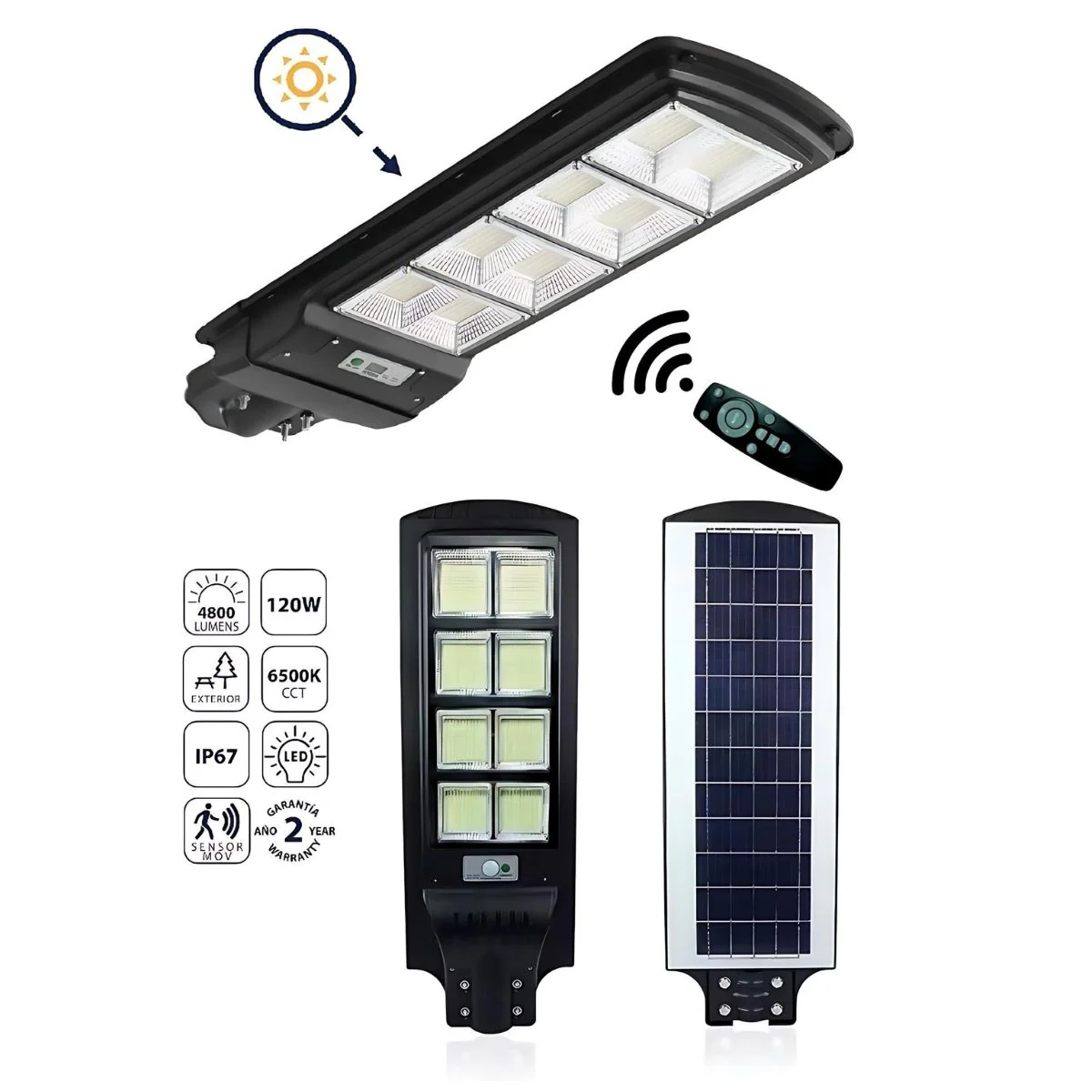 Lámpara Solar LED 120W De Calle 4800Lm 6500K Fría, Sensor Movimiento, Sostenible. Luminaria