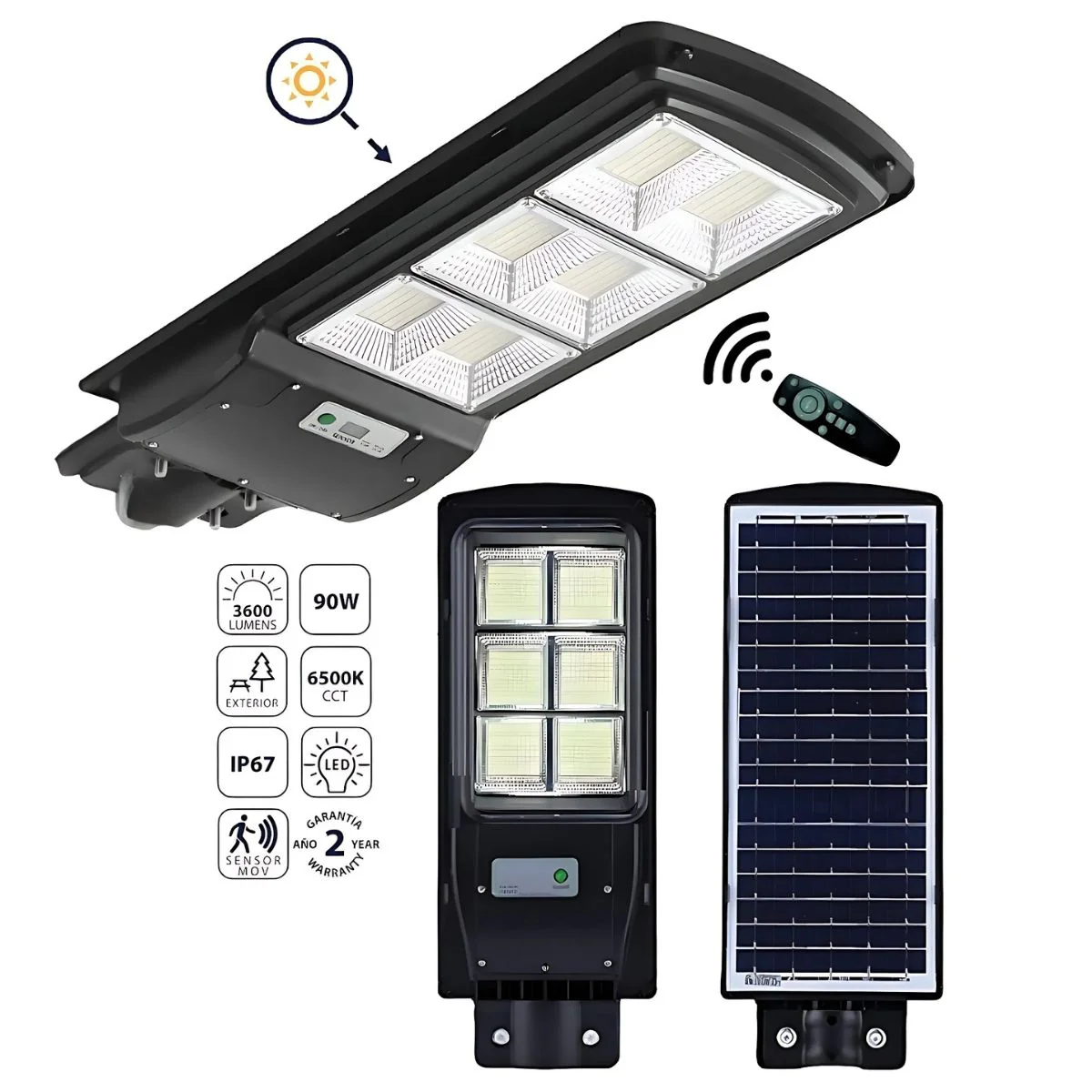 Lámpara Lámpara Solar LED De Calle 90W, 3600 Lm, 6500K Fría. Sensor De Movimiento. Eficiencia En Exteriores. Luminaria.