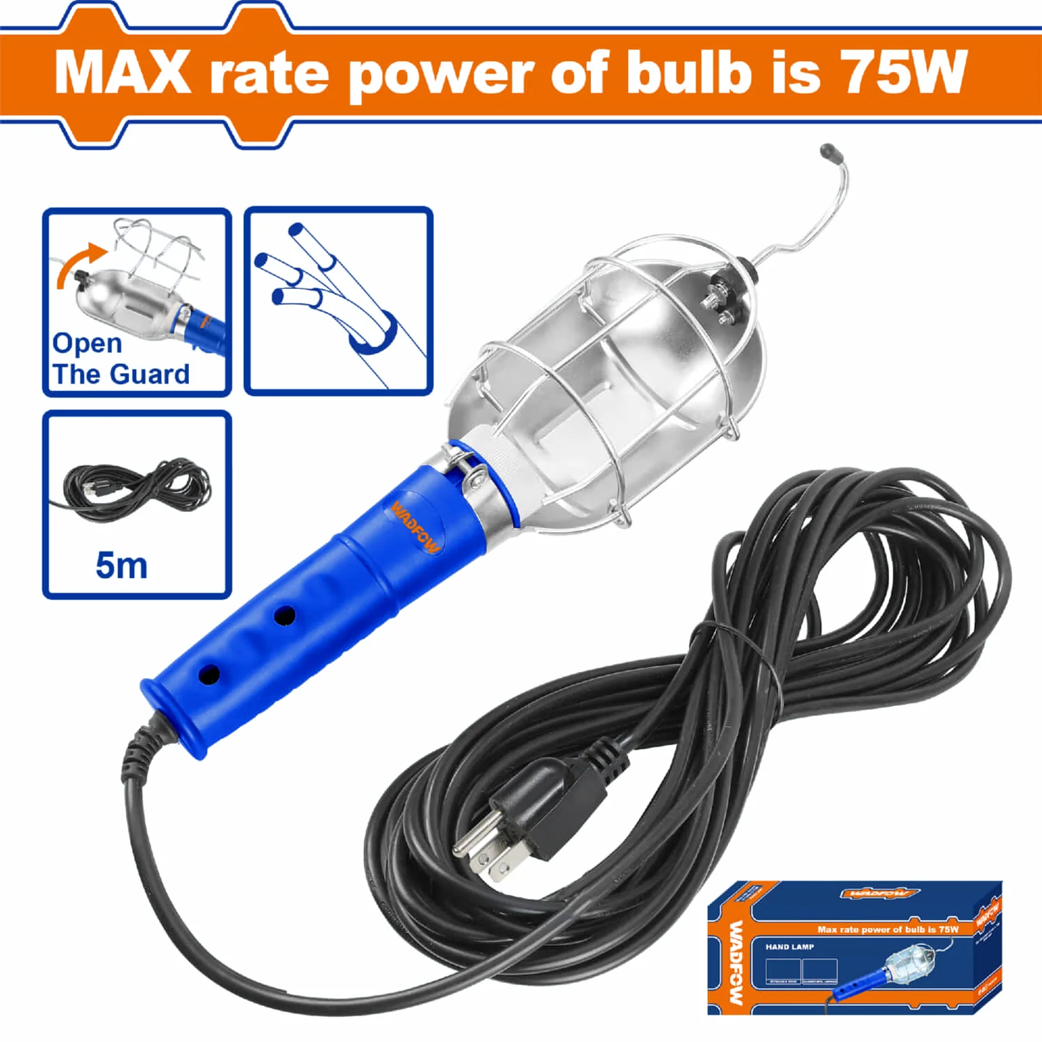 Lámpara De Mano E27 75W Pantalla De Aluminio Cable 5M Resistente 125V