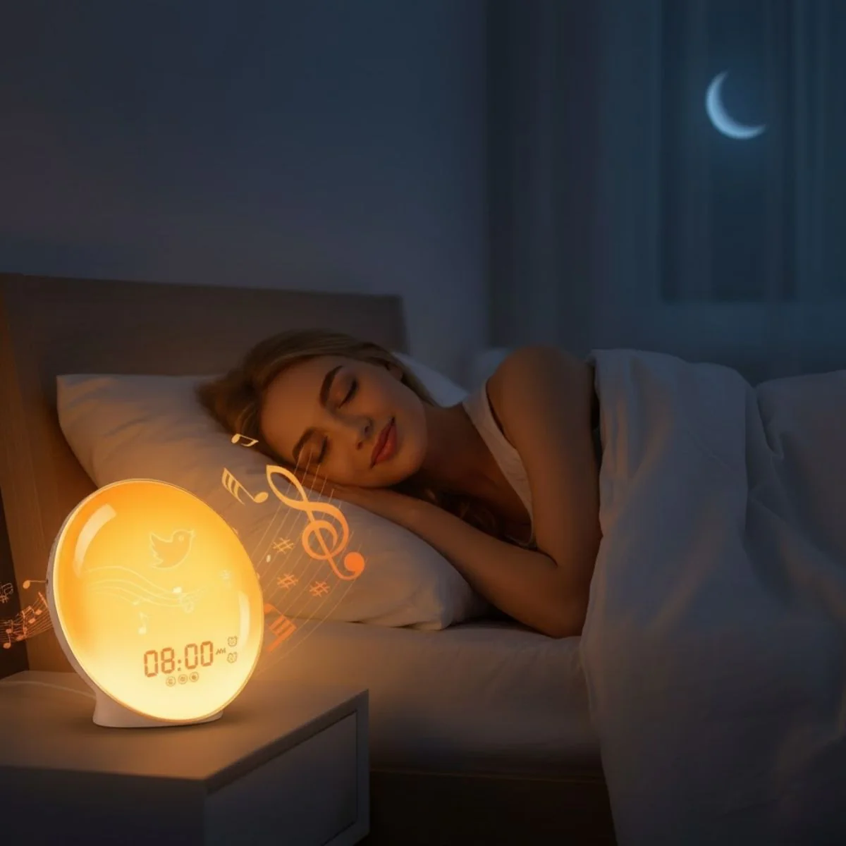 Lampara De Mesa De Noche LED Con Despertador. Reloj Con 7 Tonos De Luz Y Radio FM Con Sonidos Naturales Y Puerto USB Para Cargar El Teléfono.