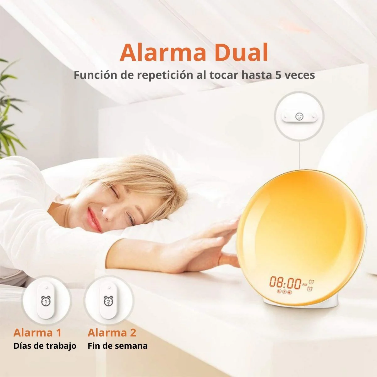 Lampara De Mesa De Noche LED Con Despertador. Reloj Con 7 Tonos De Luz Y Radio FM Con Sonidos Naturales Y Puerto USB Para Cargar El Teléfono. - Image 3