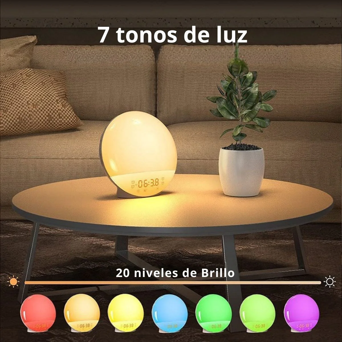 Lampara De Mesa De Noche LED Con Despertador. Reloj Con 7 Tonos De Luz Y Radio FM Con Sonidos Naturales Y Puerto USB Para Cargar El Teléfono. - Image 4