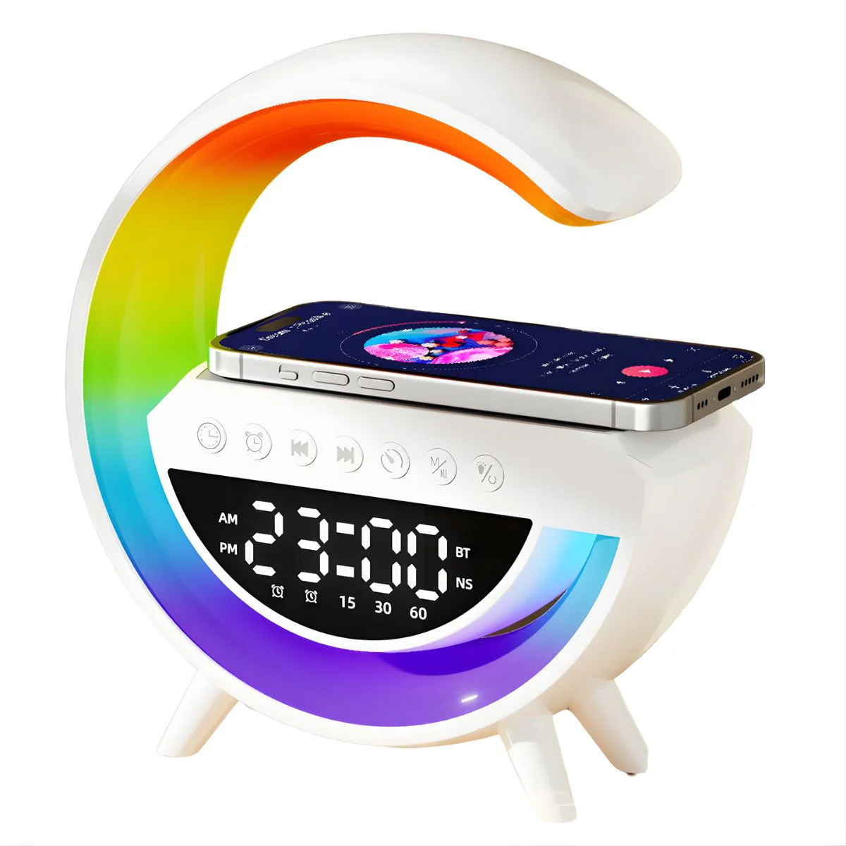 Lámpara De Mesa Inteligente Con Cargador Inalámbrico, Bocina Bluetooth Y Reloj Despertador. Luz LED RGB  Para Mesita De Noche. Blanco - Image 2