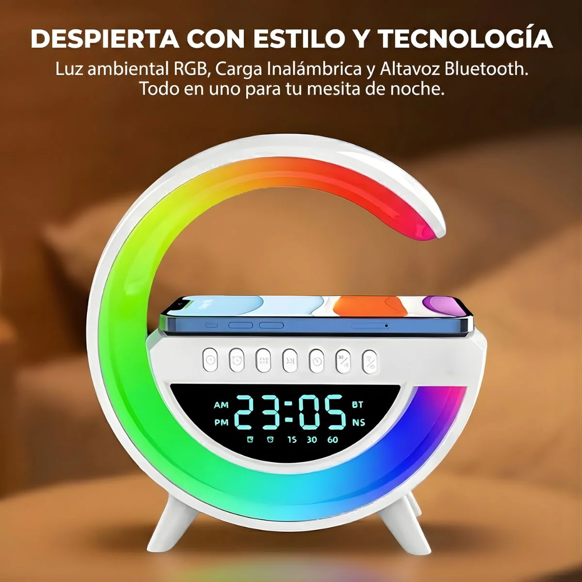 Lámpara De Mesa Inteligente Con Cargador Inalámbrico, Bocina Bluetooth Y Reloj Despertador. Luz LED RGB  Para Mesita De Noche. Blanco - Image 3