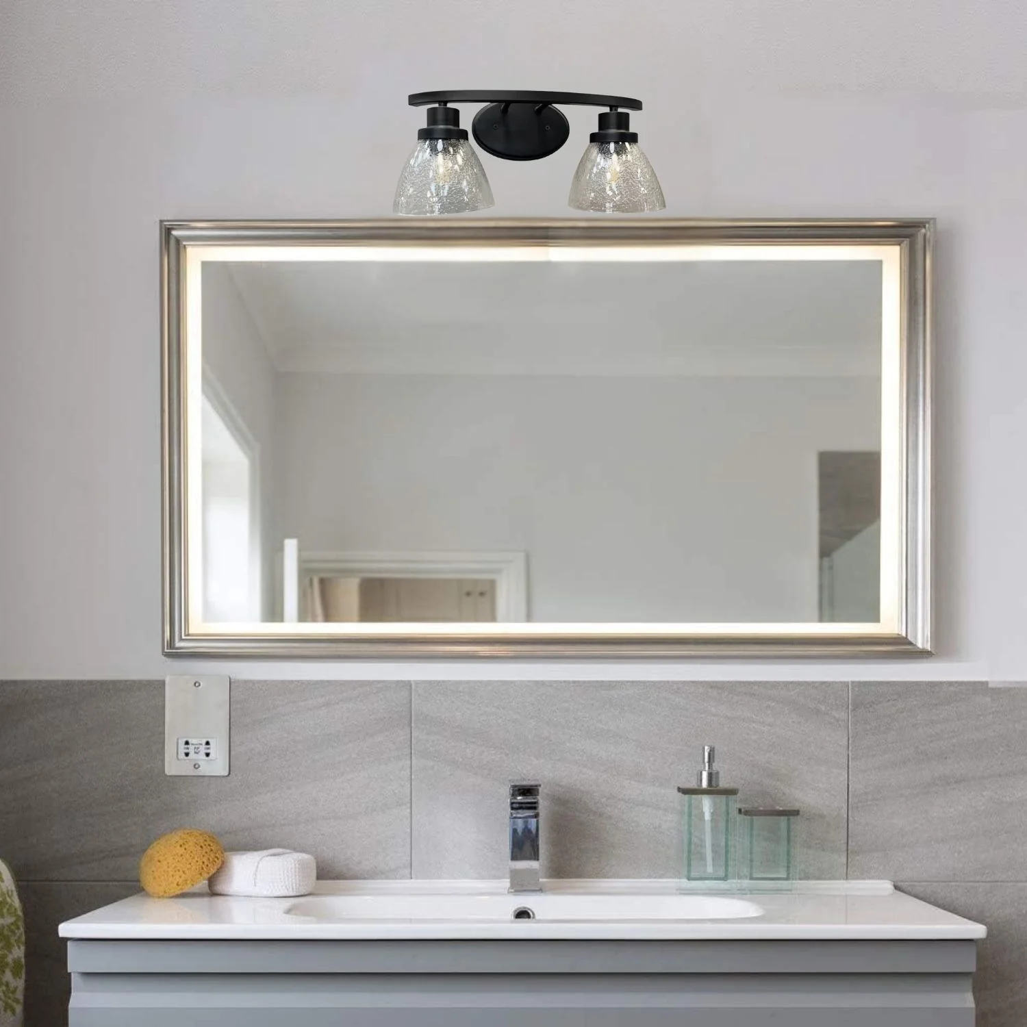 Lámpara De Pared Elegante Níquel Negra 2XE27 Moderna, Rústica, Elegante 385X170mm Ideal Para Luz En El Tocador, Sala De Estar. Lámpara Vanity Tocador Con Dos Focos.