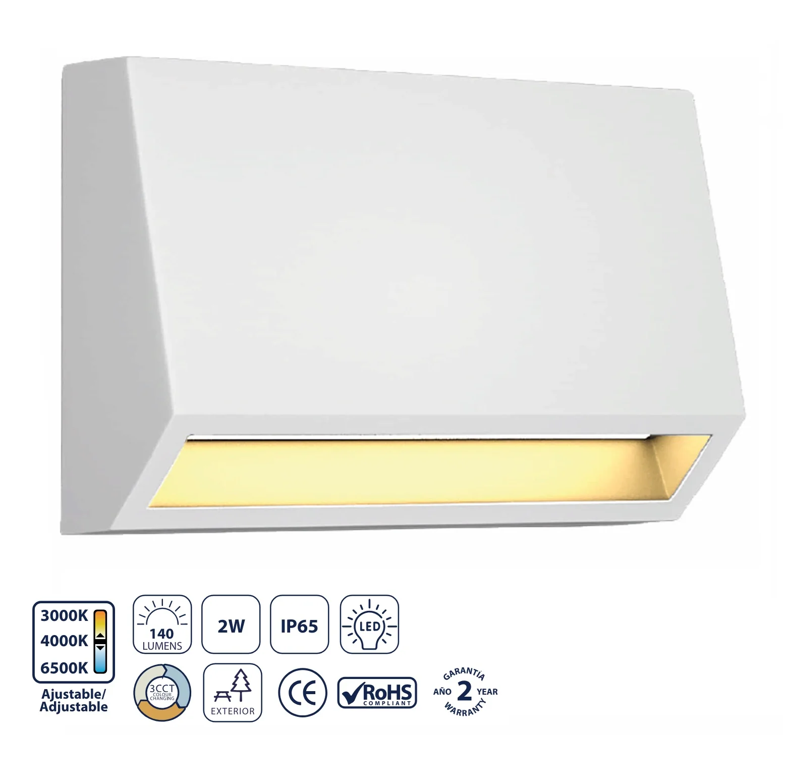 Lámpara De Pared Exterior Blanca LED 2W, 140Lm, CCT 3 Tonos Ajustable. 3000/4000/6500K