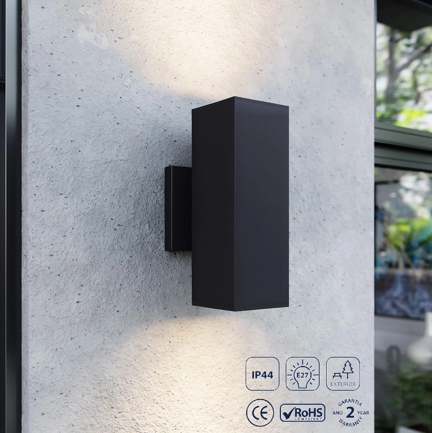 Lámpara De Pared Exterior Negra 2XE27 - Iluminación Potente Para Exteriores, Material ABS. Luminaria