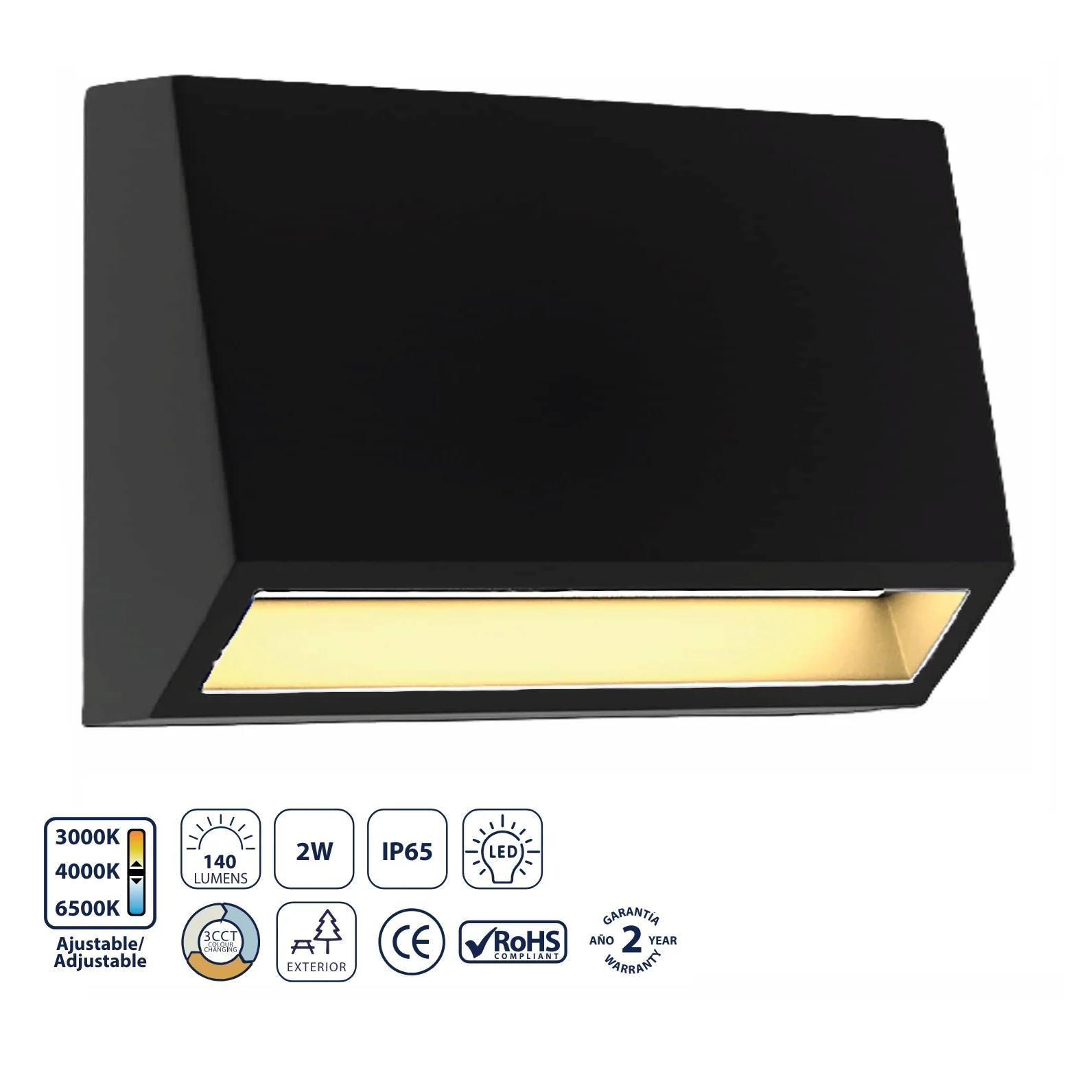 Lámpara De Pared Exterior Negra LED 2W CCT, 140 Lm, Ajustable. Iluminación Versátil . Luminaria
