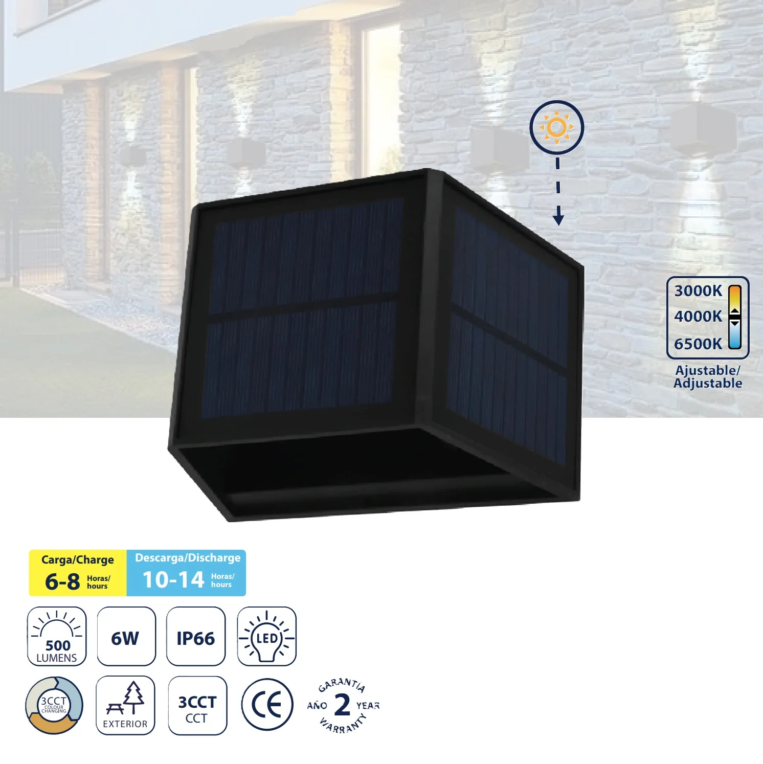 Lámpara De Pared Solar LED 6W CCT, 500Lm, 3000K/4000K/6500K, 155X100x97mm, Batería 3.7V 2000Mah Luz. Solar Para Exteriores.