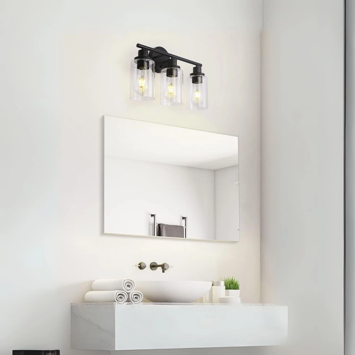 Lámpara De Pared Tocador De Baño Negra 3XE27 Iluminación Sofisticada Y Versátil 440X170x280mm Pantalla De Vidrio. Ideal Para Baños, Tocador, Dormitorio Y Sala. Lámpara Vanity Para Tocador.