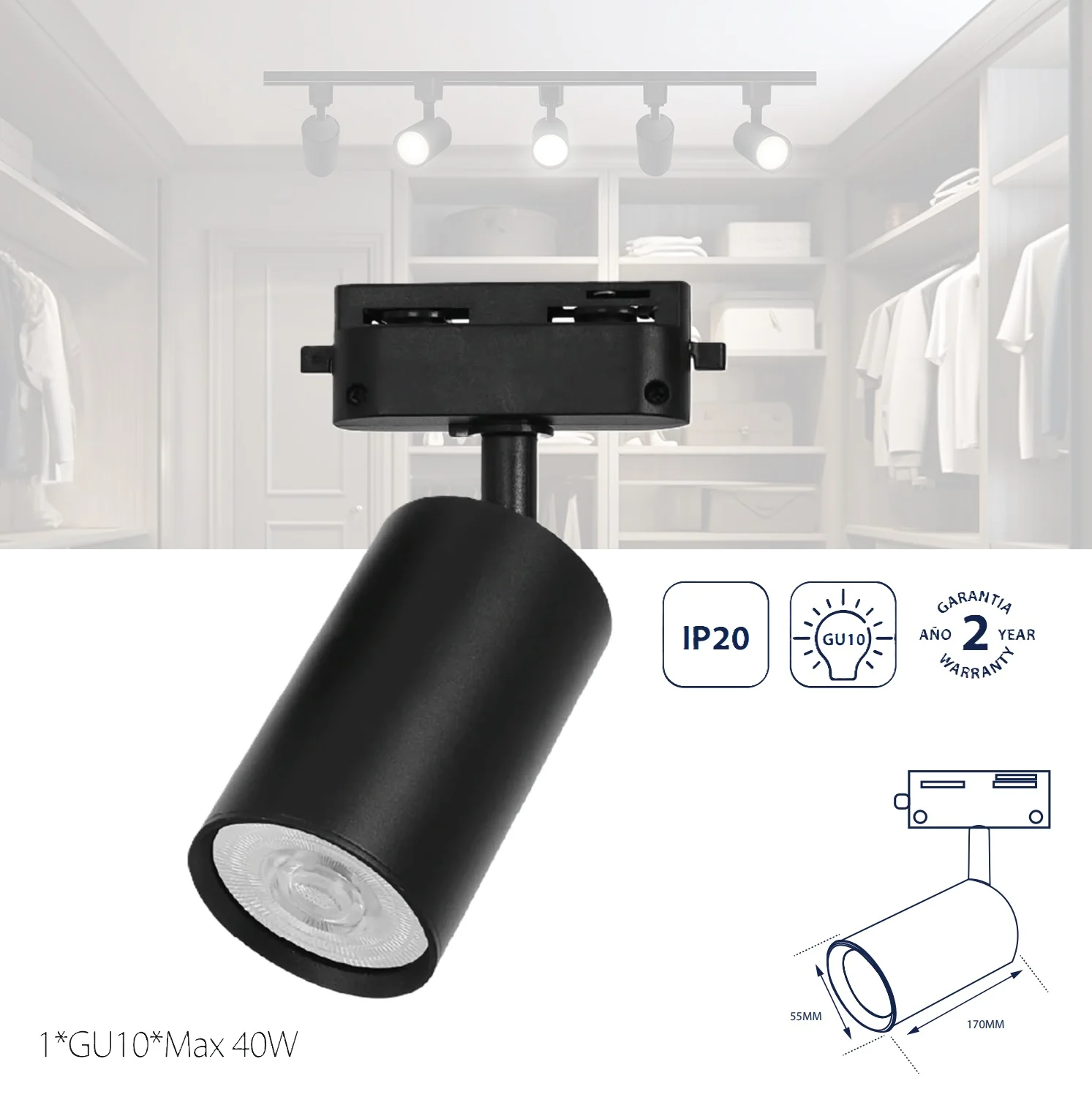 Lámpara De Riel 1Xgu10 Negro. Iluminación Y Diseño Atractivo. Foco De Carril.