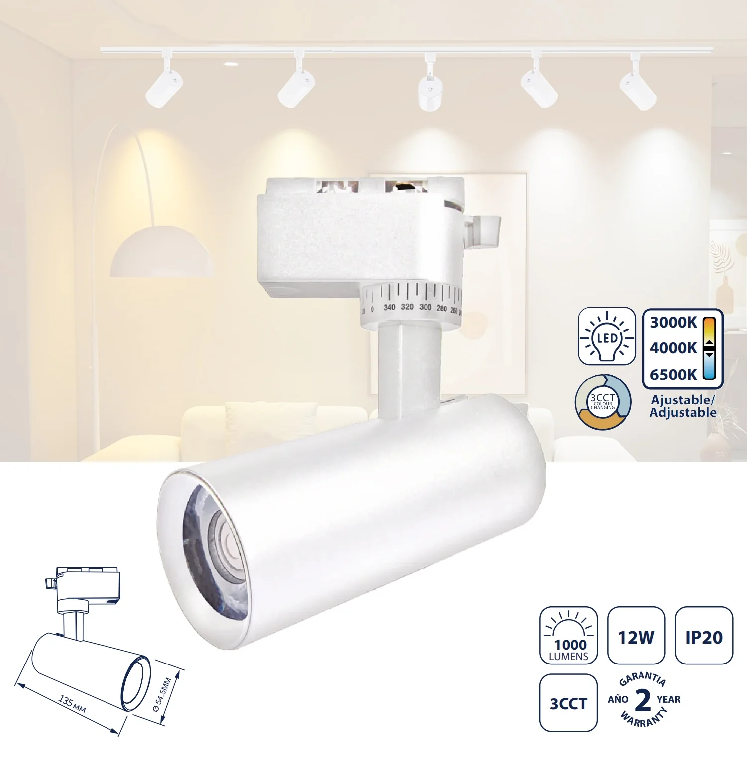 Lámpara De Riel LED 12W CCT 100Lm, Blanco. Iluminación Cambiable Y Diseño Atractivo. Foco De Carril LED.