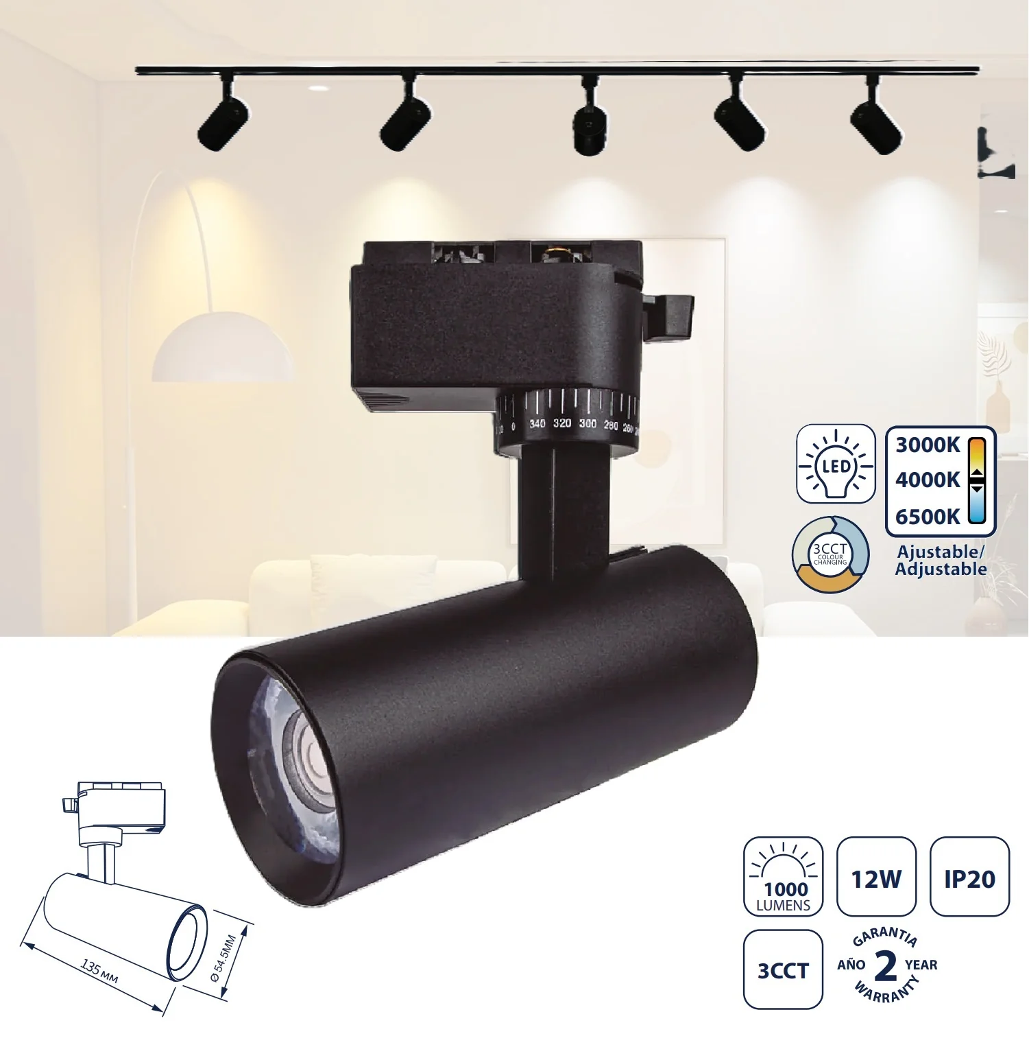 Lámpara Spot LED De Riel 12W CCT 100Lm, Negro. Iluminación Cambiable Y Diseño Atractivo. Foco De Carril LED.