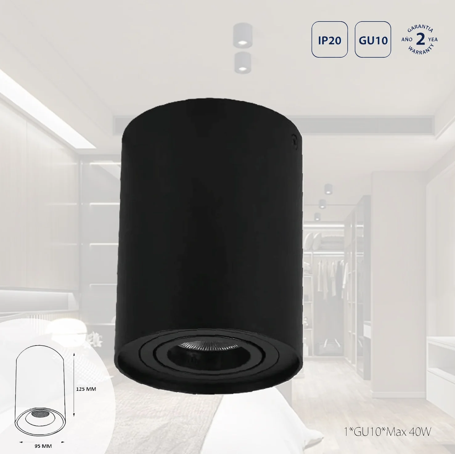 Lámpara De Techo Base 1XGU10 Negra Cilindrica. Ideal Para Interiores. Foco De Techo Redondo. No Incluye Bombillo